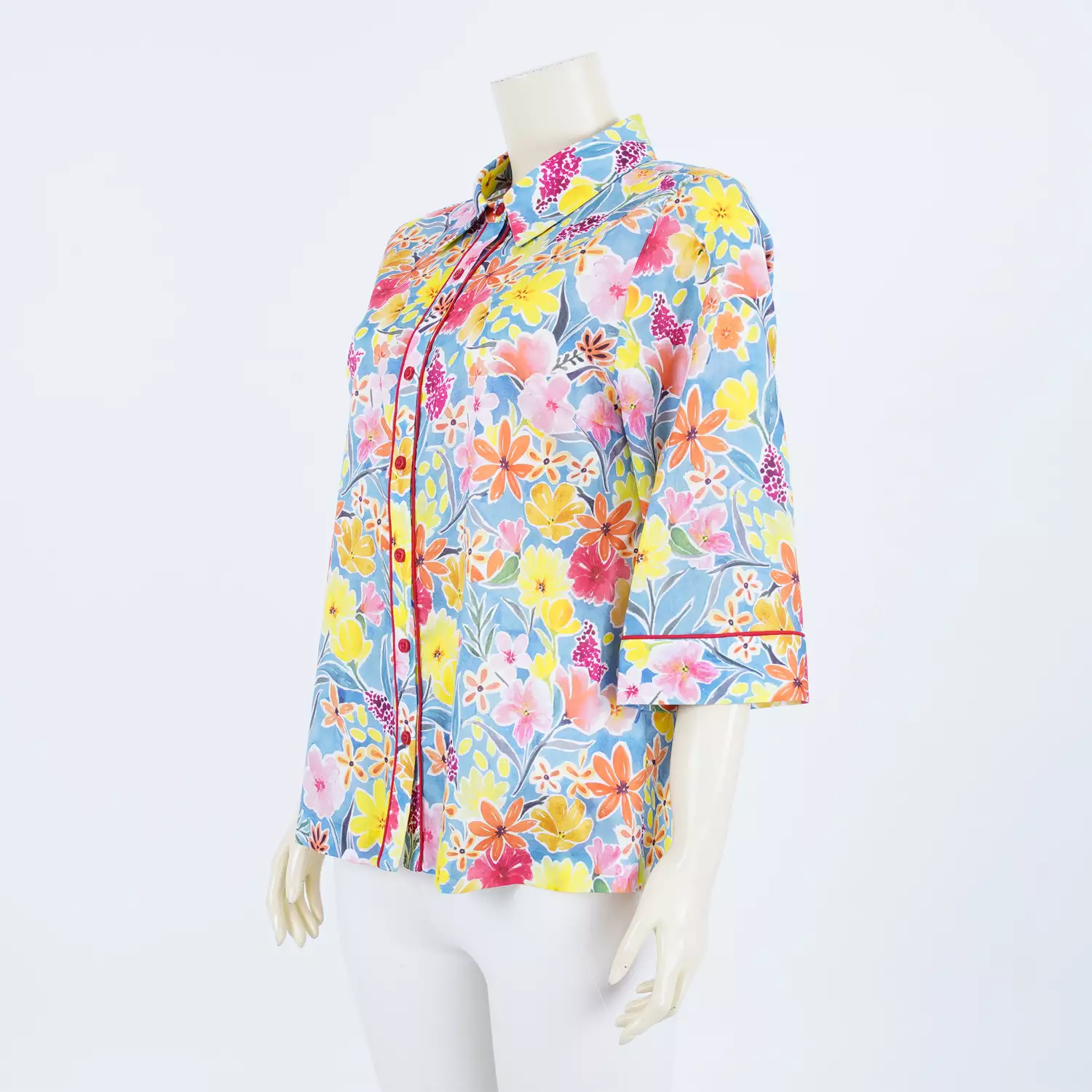 เสื้อเชิ้ตคอปก แขนกระบอกยาว 4 ส่วน ผ้าคอตตอน ลายดอกไม้นานาพันธุ์ - Image 2