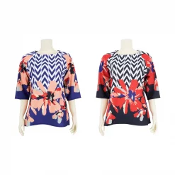 เสื้อคอปาด  แขนแร็กแลน 3 ส่วน  ผ้ายืดแฟนซี ลายซิกแซกและดอกไม้