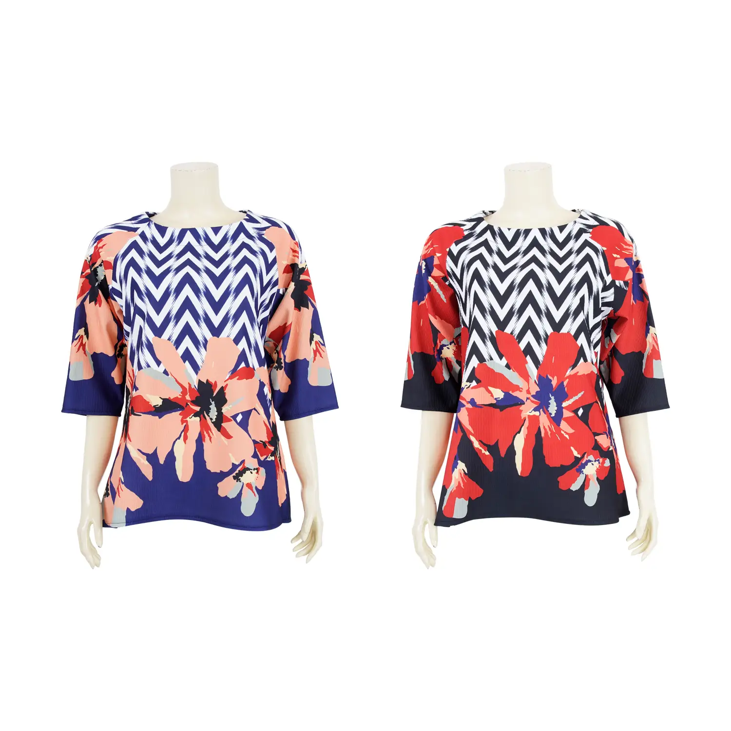 เสื้อคอปาด แขนแร็กแลน 3 ส่วน ผ้ายืดแฟนซี ลายซิกแซกและดอกไม้