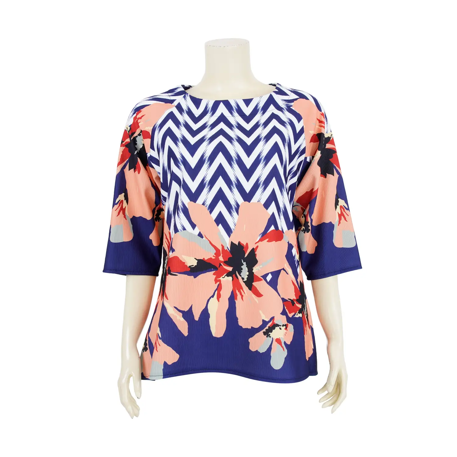 เสื้อคอปาด แขนแร็กแลน 3 ส่วน ผ้ายืดแฟนซี ลายซิกแซกและดอกไม้ - Image 3