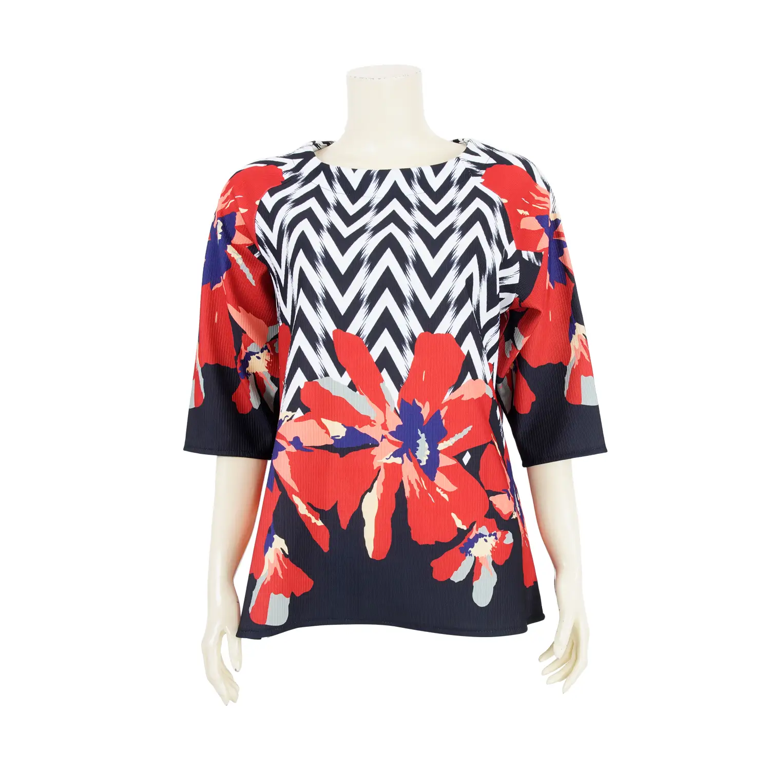 เสื้อคอปาด แขนแร็กแลน 3 ส่วน ผ้ายืดแฟนซี ลายซิกแซกและดอกไม้ - Image 5