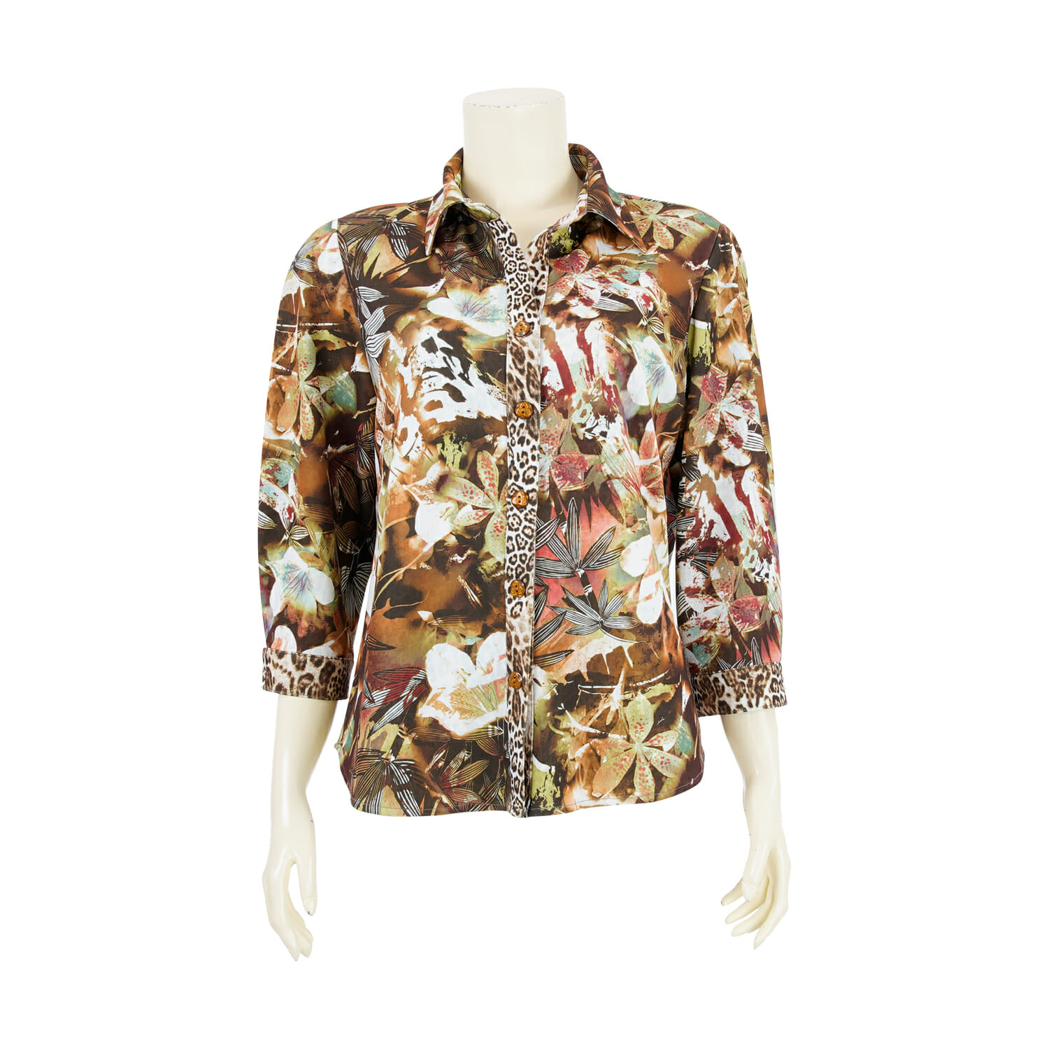 เสื้อเชิ้ต แขนยาว 4 ส่วน ผ้าลายเสือดาว และดอกไม้