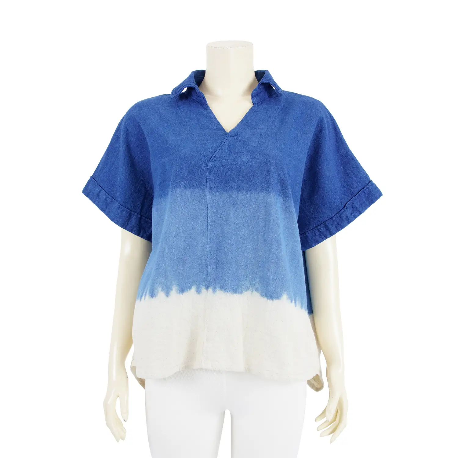 เสื้อคอปก ดีไซน์ป้าย แขนสั้นในตัว ผ้ามัดย้อมไล่เฉดสี