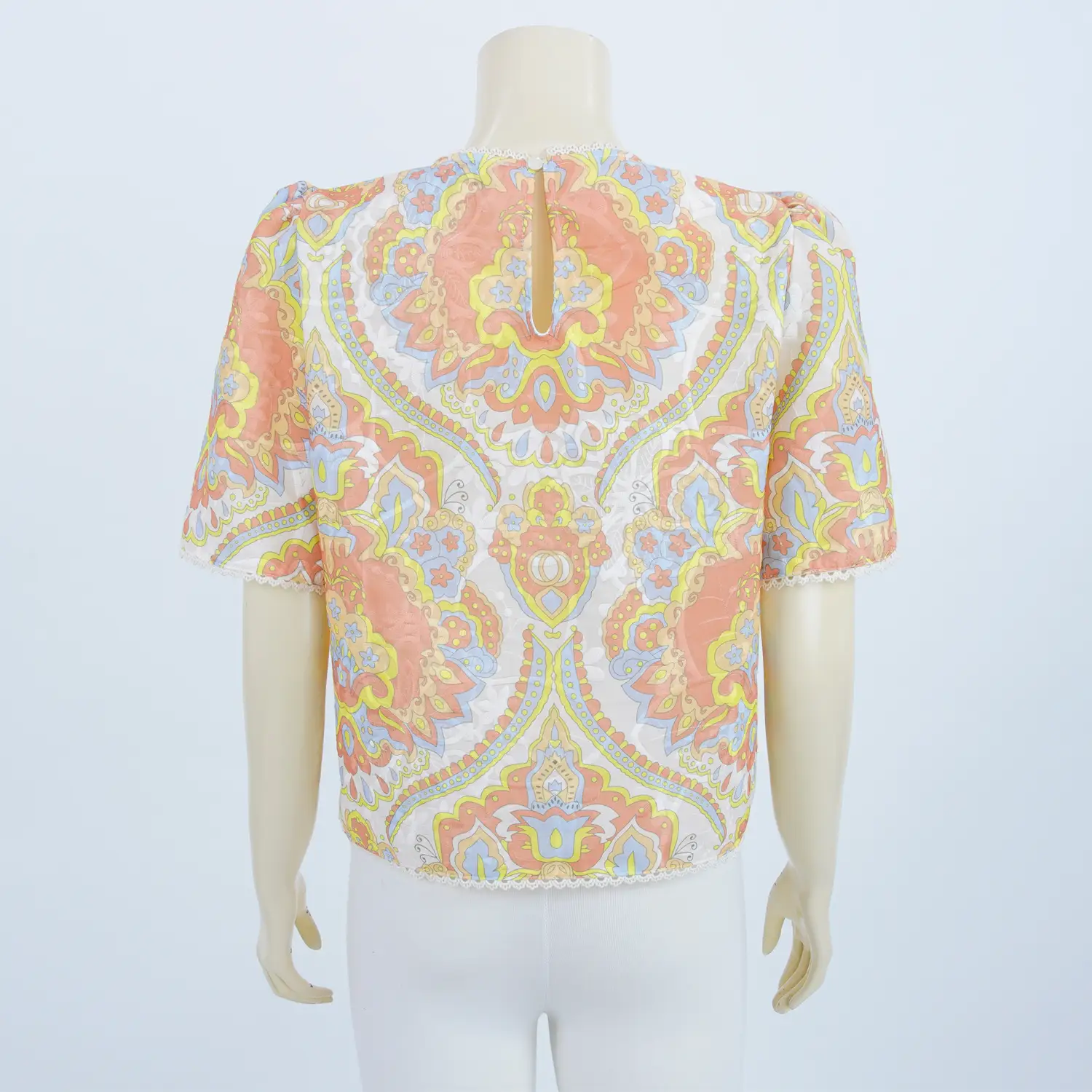 เสื้อคอกลมแต่งเทปลูกไม้ แขนสั้นรูดไหล่ตั้ง ผ้าปักและพิมพ์ลาย - Image 3