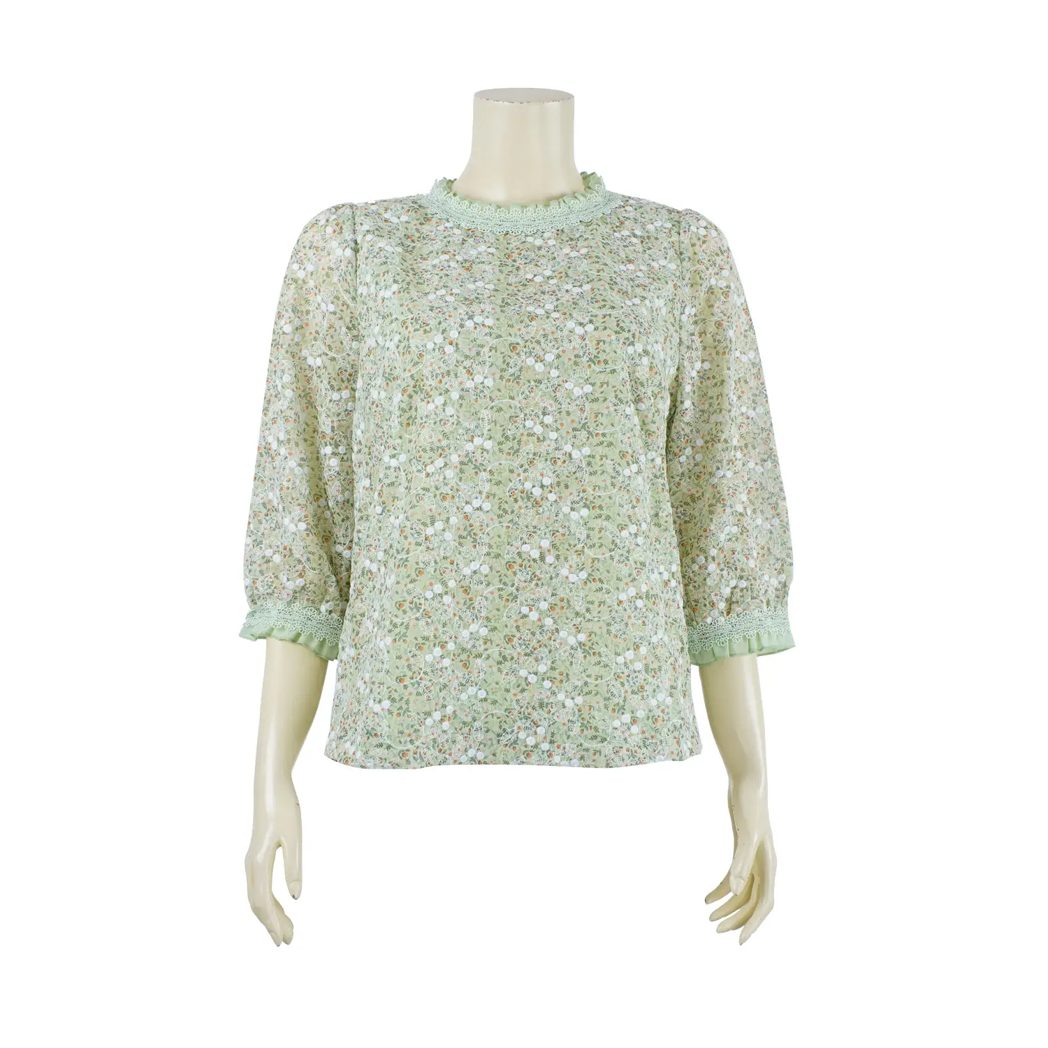 เสื้อคอตั้งแต่งระบาย แขนพองยาว 4 ส่วน ผ้าพิมพ์และปักลาย ดอกไม้และใบไม้
