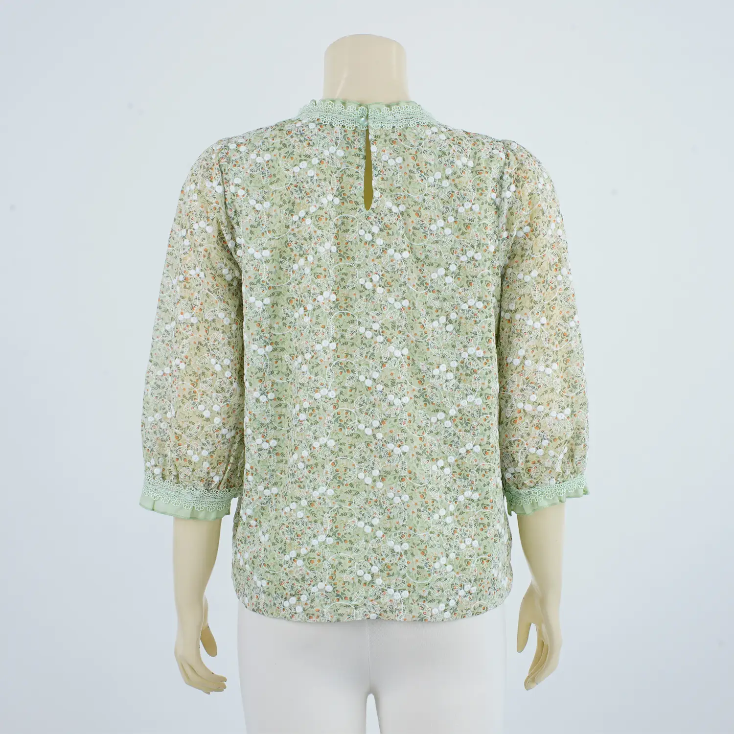 เสื้อคอตั้งแต่งระบาย แขนพองยาว 4 ส่วน ผ้าพิมพ์และปักลาย ดอกไม้และใบไม้ - Image 3