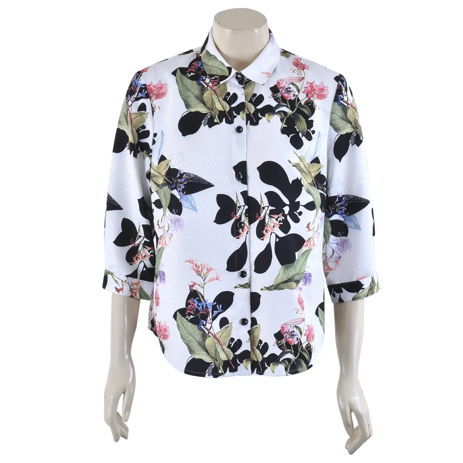 เสื้อเชิ้ต แขนกระบอก ยาว 4 ส่วน ผ้าแจ็คการ์ดลายดอกไม้
