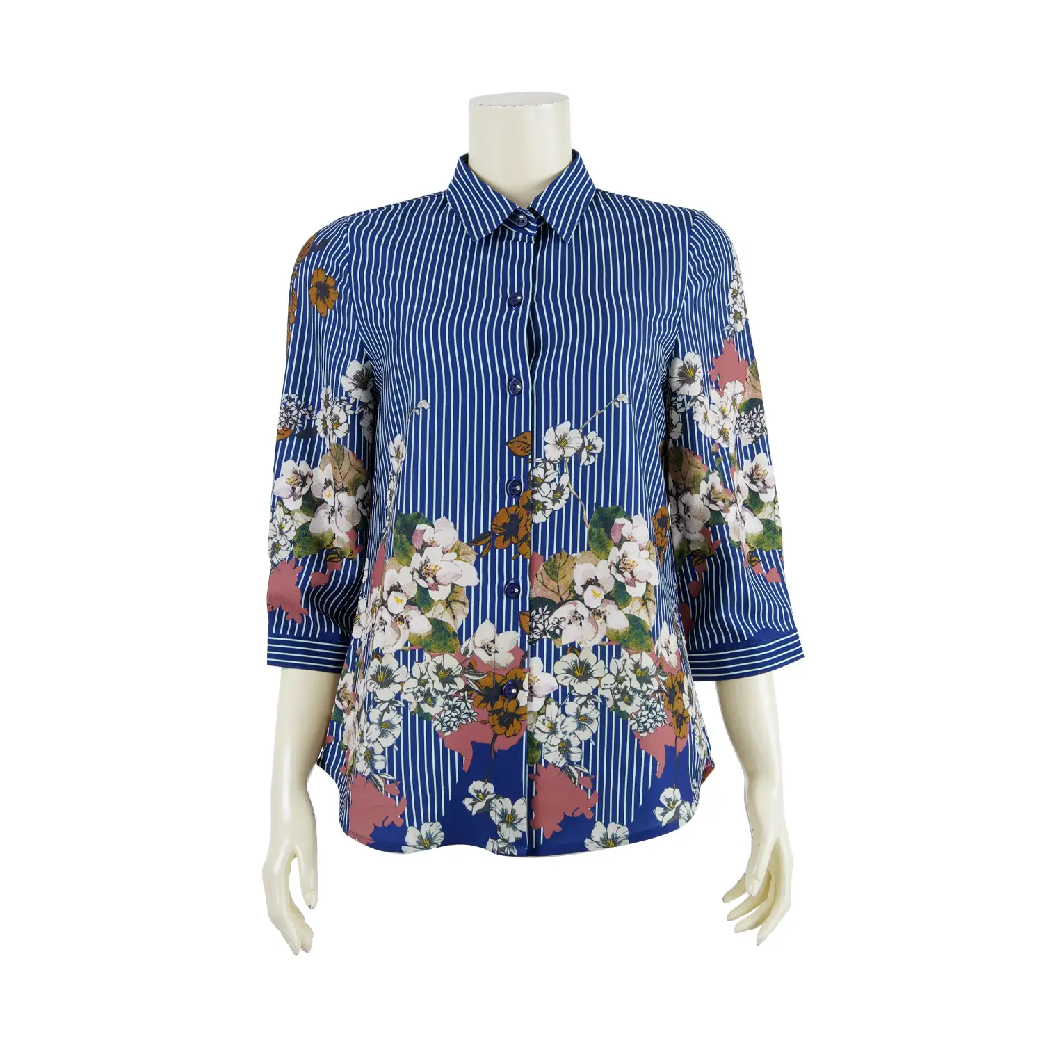 เสื้อเชิ้ต แขนกระบอก ยาว 4 ส่วน ผ้าลายเส้นตรงและดอกไม้