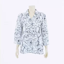 เสื้อเชิ้ตคอปีกนก แขน 4 ส่วน ลายดอกไม้