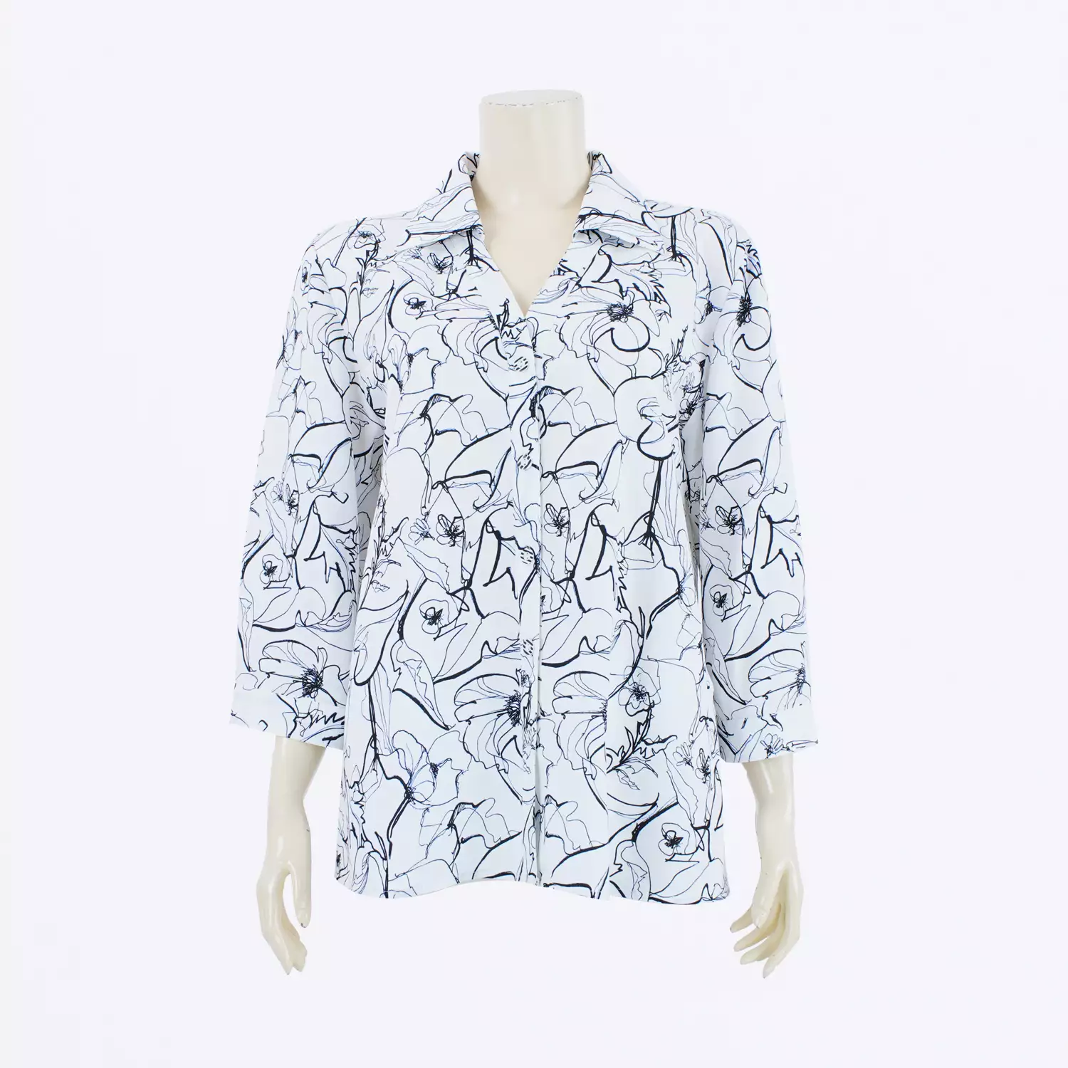 เสื้อเชิ้ตคอปีกนก แขน 4 ส่วน ลายดอกไม้