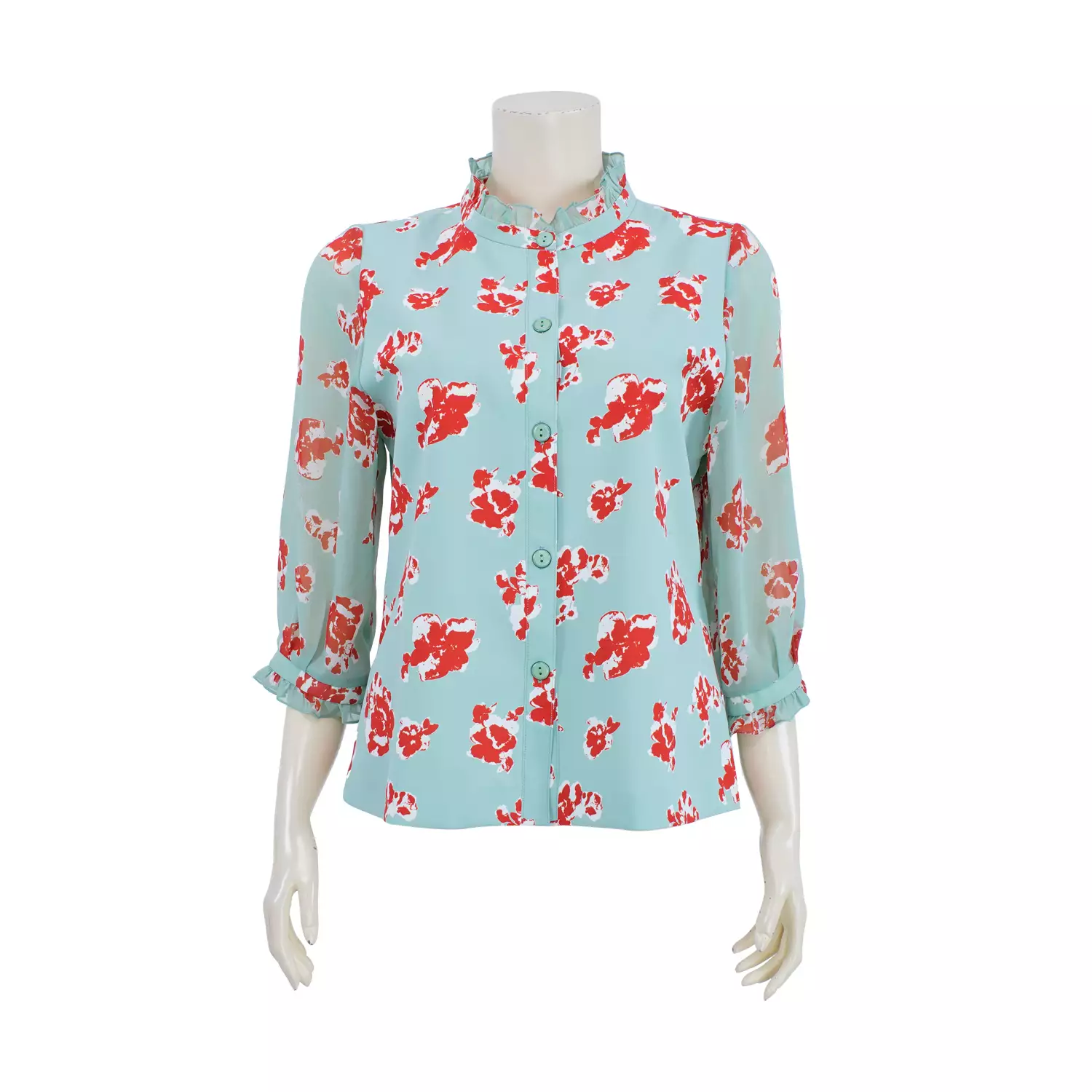 เสื้อคอตั้งแต่งระบาย แขนกระบอก ยาว 4 ส่วน ผ้าลายดอกไม้