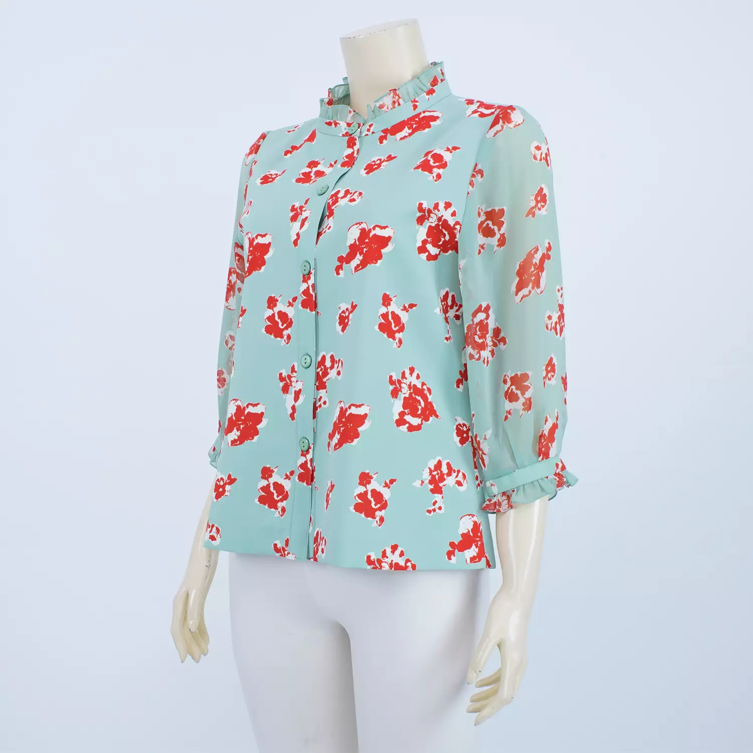 เสื้อคอตั้งแต่งระบาย แขนกระบอก ยาว 4 ส่วน ผ้าลายดอกไม้ - Image 2