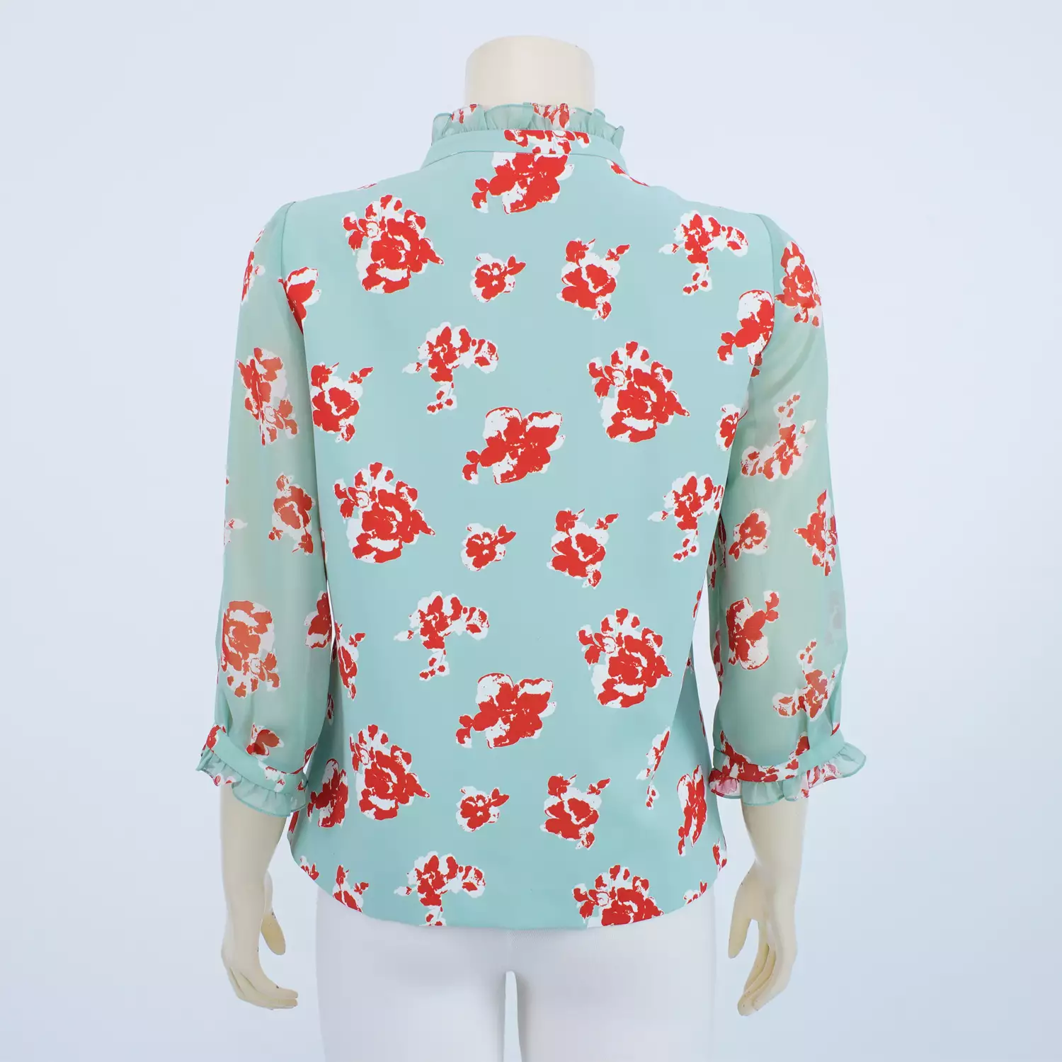 เสื้อคอตั้งแต่งระบาย แขนกระบอก ยาว 4 ส่วน ผ้าลายดอกไม้ - Image 3