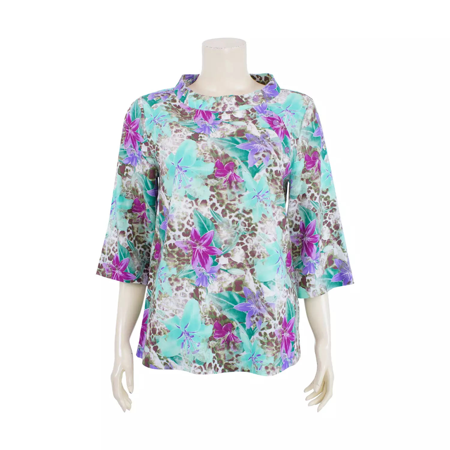 เสื้อคอกลม แขนยาว 4 ส่วน ผ้าลินินลายดอกไม้ สไตล์สีน้ำ