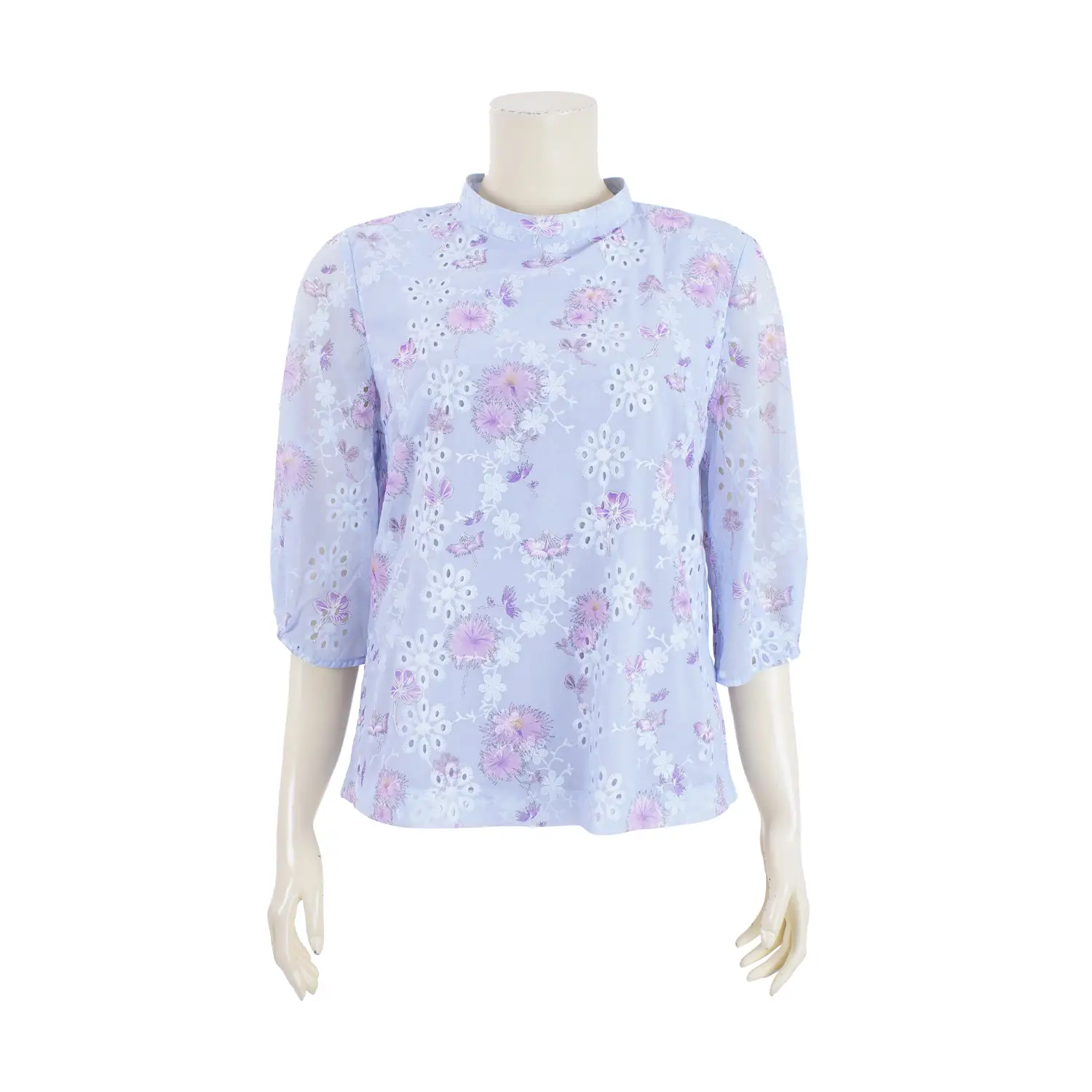 เสื้อคอตั้ง แขนพอง 4 ส่วน ผ้าพิมพ์และ ปักฉลุลายดอกไม้