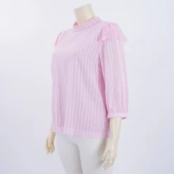 เสื้อคอตั้ง แต่งเทปลูกไม้ แขนพอง 4 ส่วน ผ้าทอลายทางแนวดิ่ง - Image 2