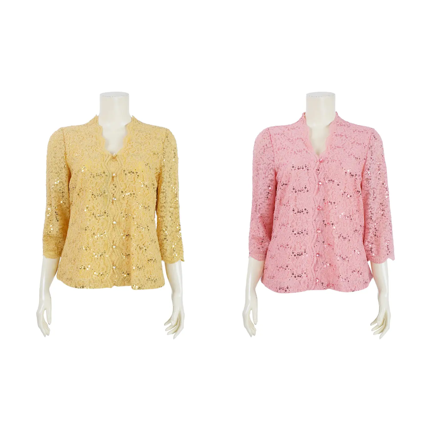 เสื้อคอปีน แขนยาว 4 ส่วน ผ้าลูกไม้แฟนซี ลายดอกไม้แต่งเลื่อม