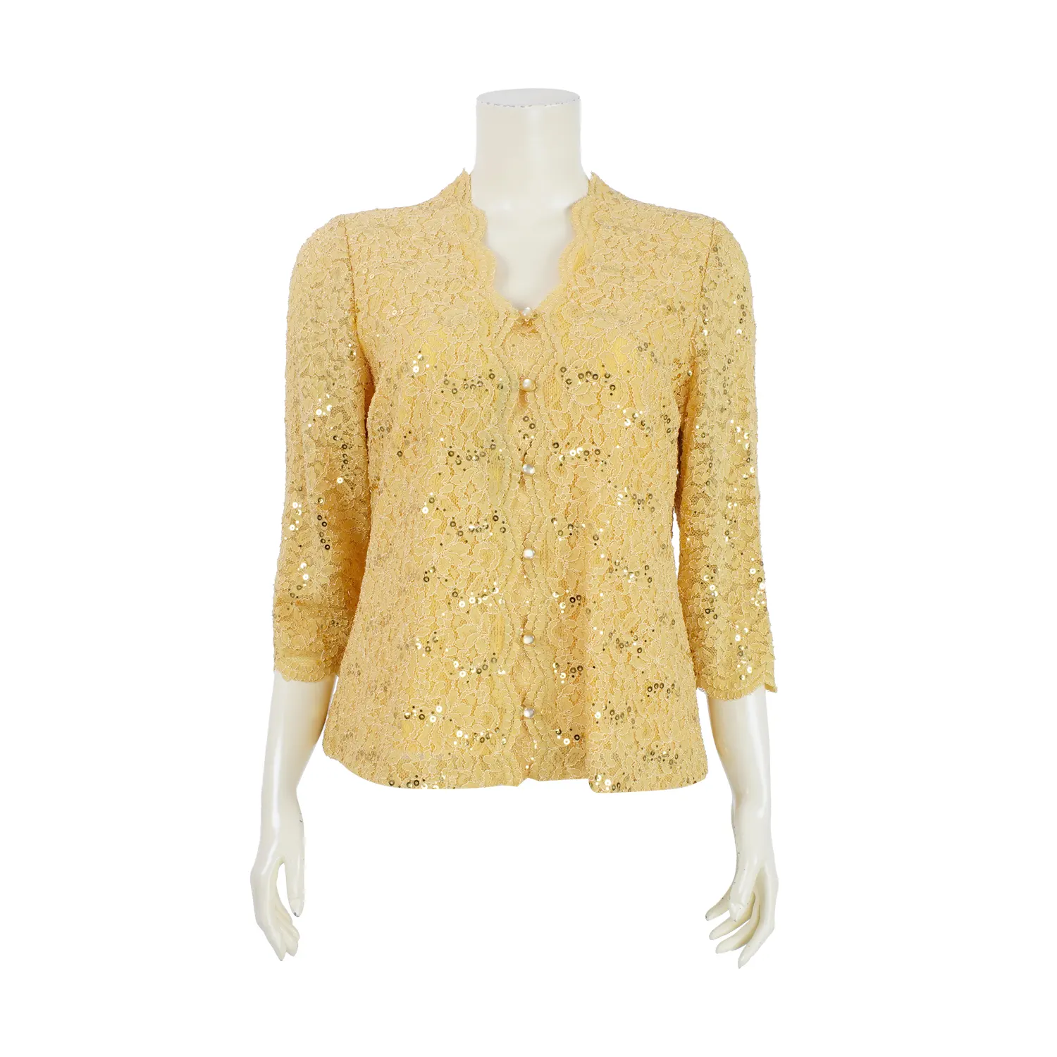 เสื้อคอปีน แขนยาว 4 ส่วน ผ้าลูกไม้แฟนซี ลายดอกไม้แต่งเลื่อม - Image 2