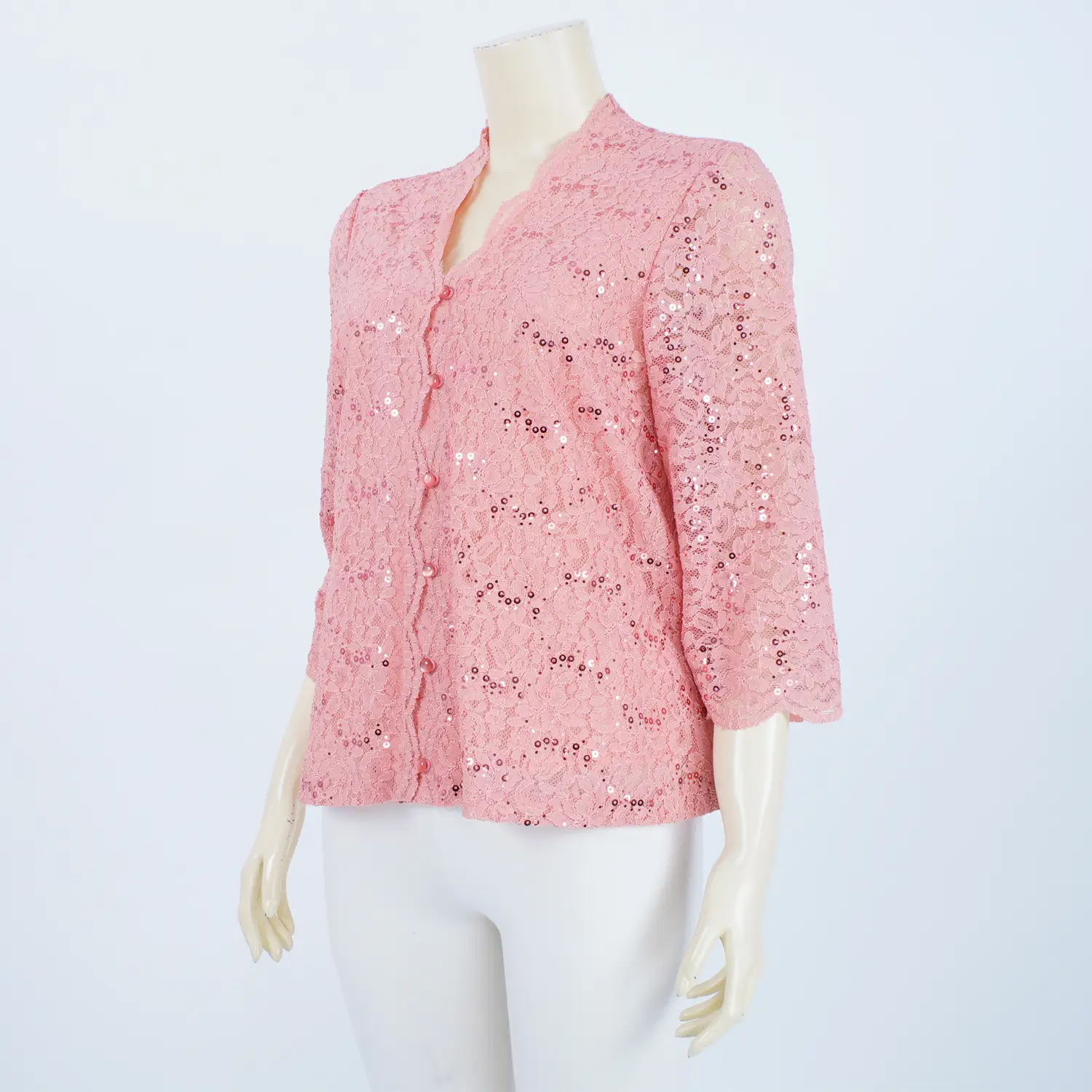 เสื้อคอปีน แขนยาว 4 ส่วน ผ้าลูกไม้แฟนซี ลายดอกไม้แต่งเลื่อม - Image 3