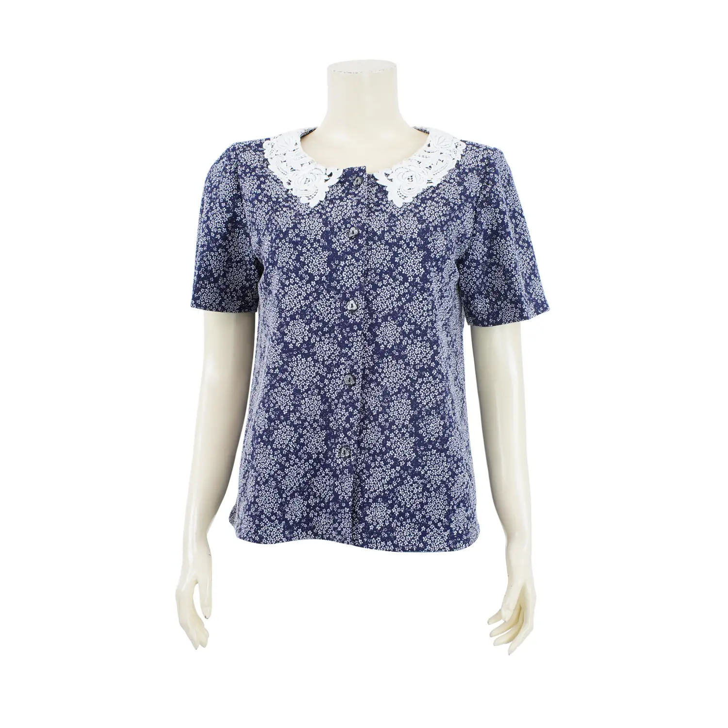 เสื้อคอกลม แต่งปกลูกไม้ แขนสั้น ผ้าทอลายสไตล์วินเทจ