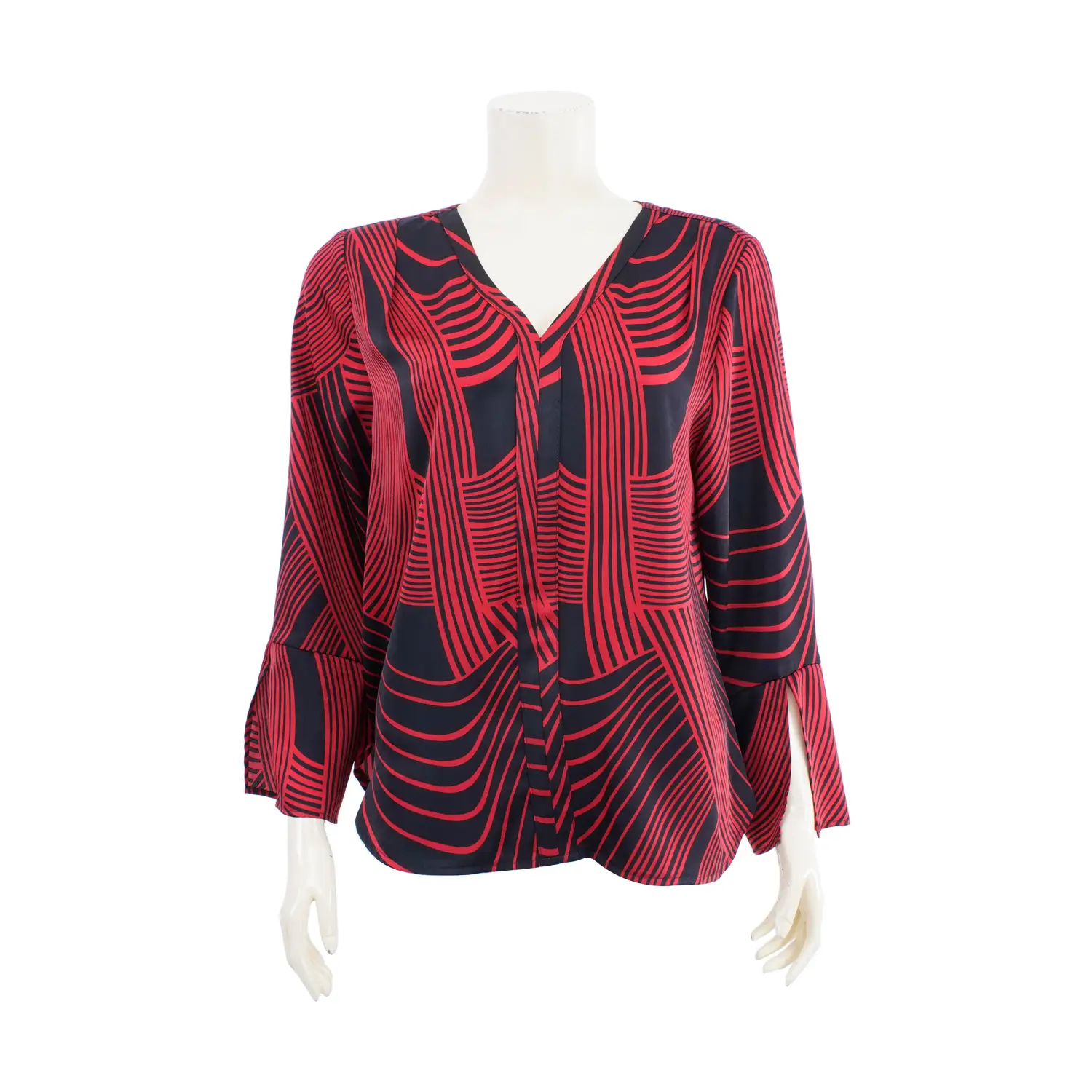 เสื้อคอวี แขนยาวผ่าปลายแขน ผ้าลายกราฟิก
