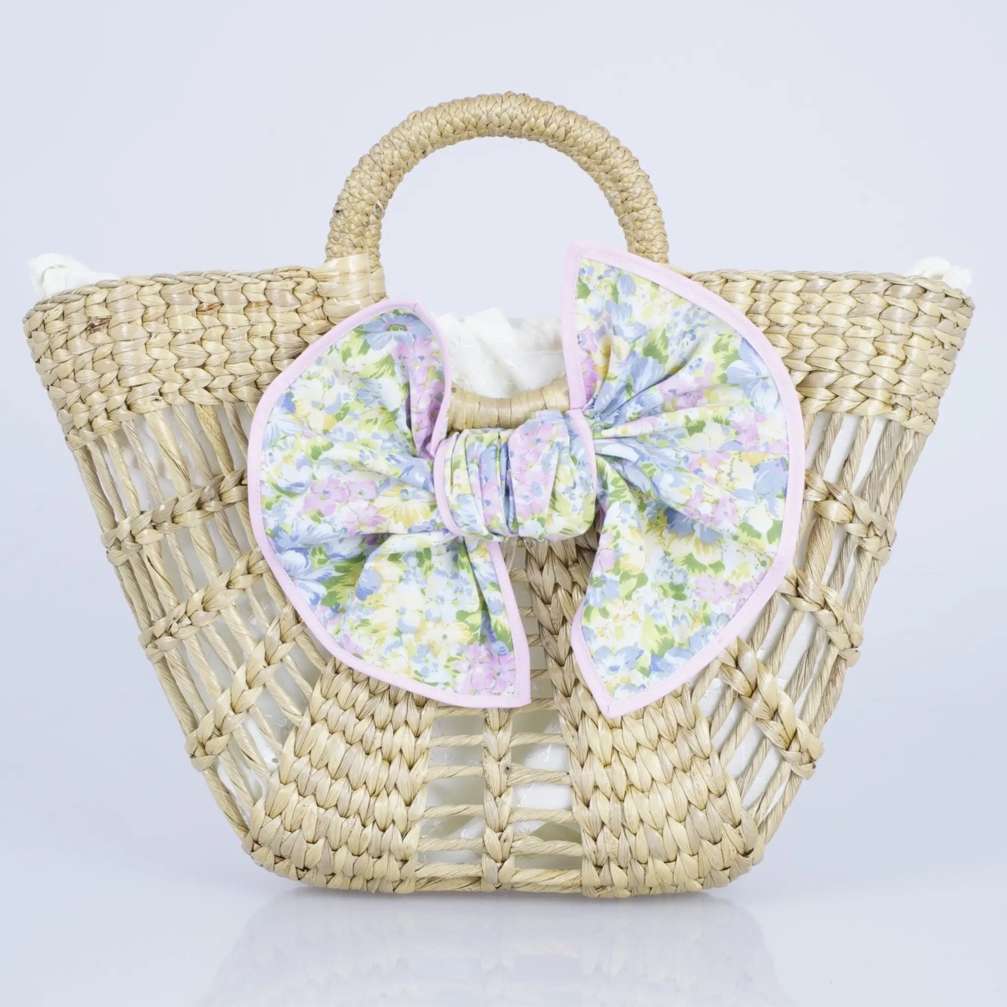 กระเป๋าถือผักตบชวาสาน ปากกระเป๋าแบบกว้าง แต่งโบว์ผ้า รุ่นหวานเจี๊ยบ