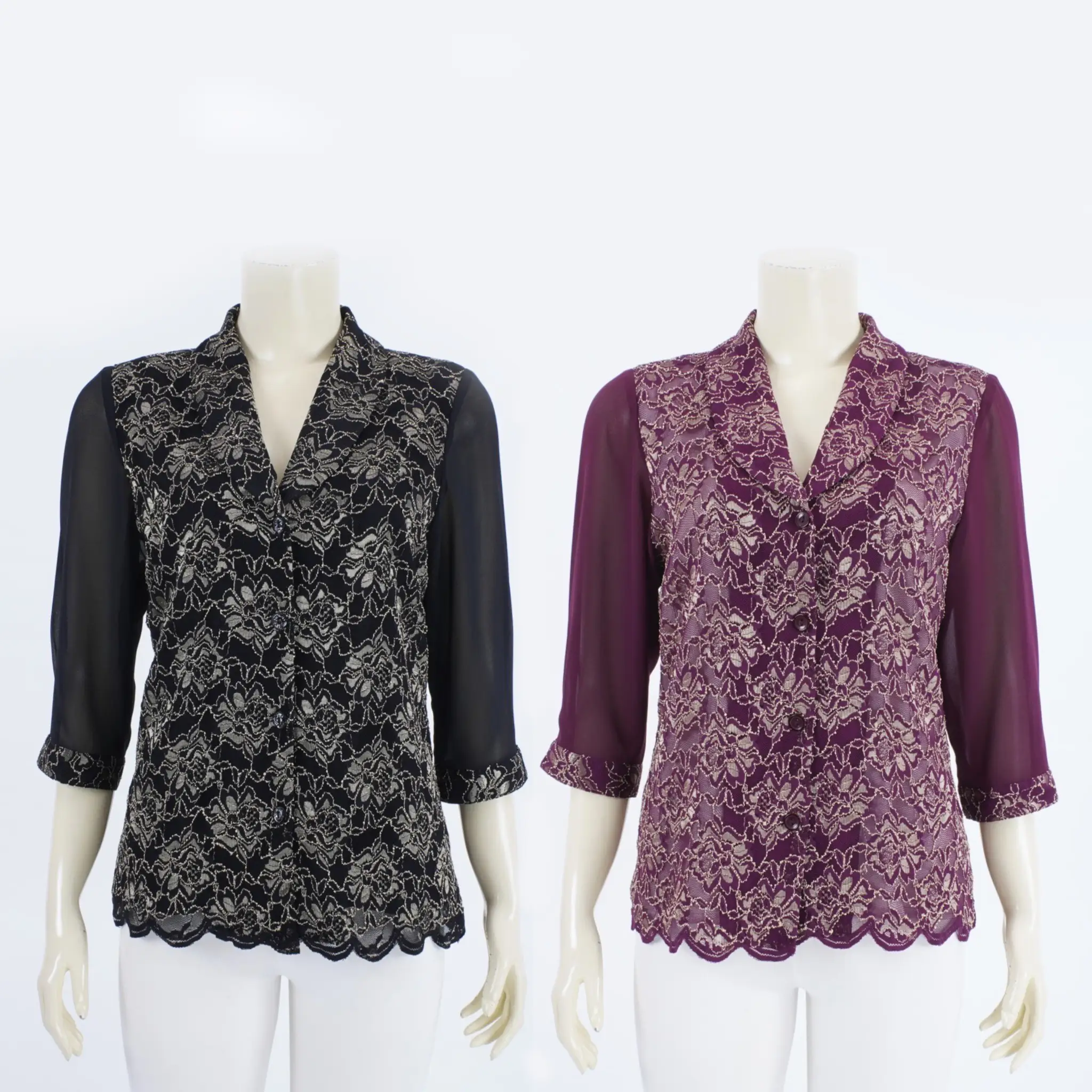 เสื้อเชิ้ต แขน 4 ส่วน ปลายแขนจับจีบ ผ้าลูกไม้ราเชล ลายดอกไม้