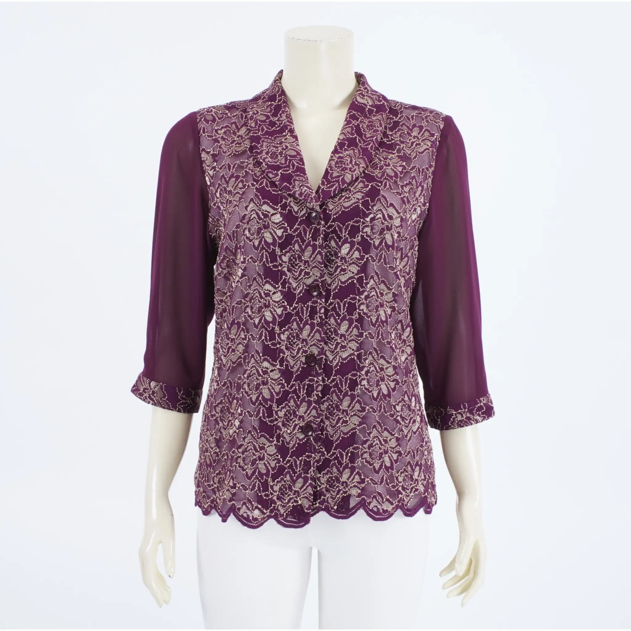 เสื้อเชิ้ต แขน 4 ส่วน ปลายแขนจับจีบ ผ้าลูกไม้ราเชล ลายดอกไม้ - Image 5