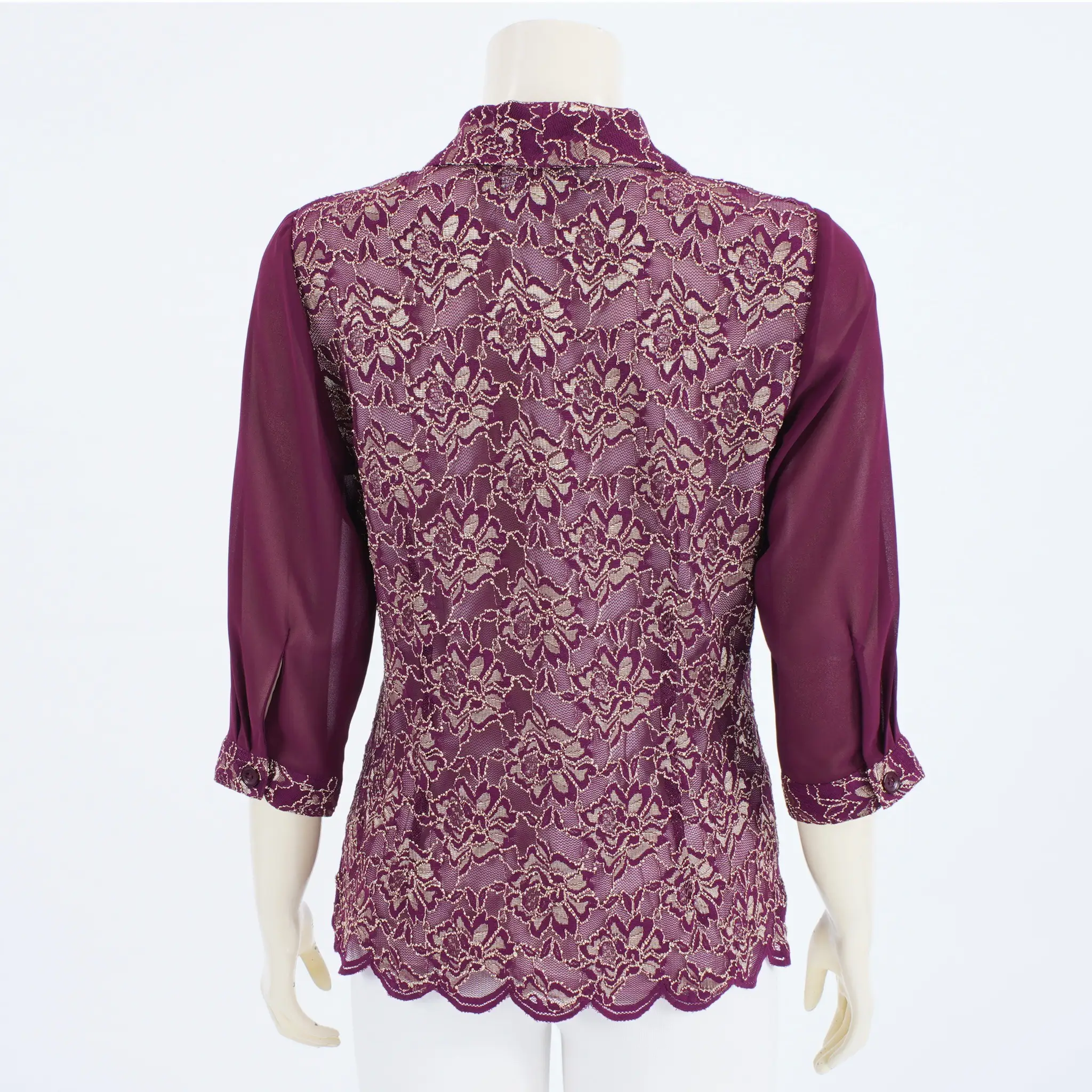 เสื้อเชิ้ต แขน 4 ส่วน ปลายแขนจับจีบ ผ้าลูกไม้ราเชล ลายดอกไม้ - Image 3