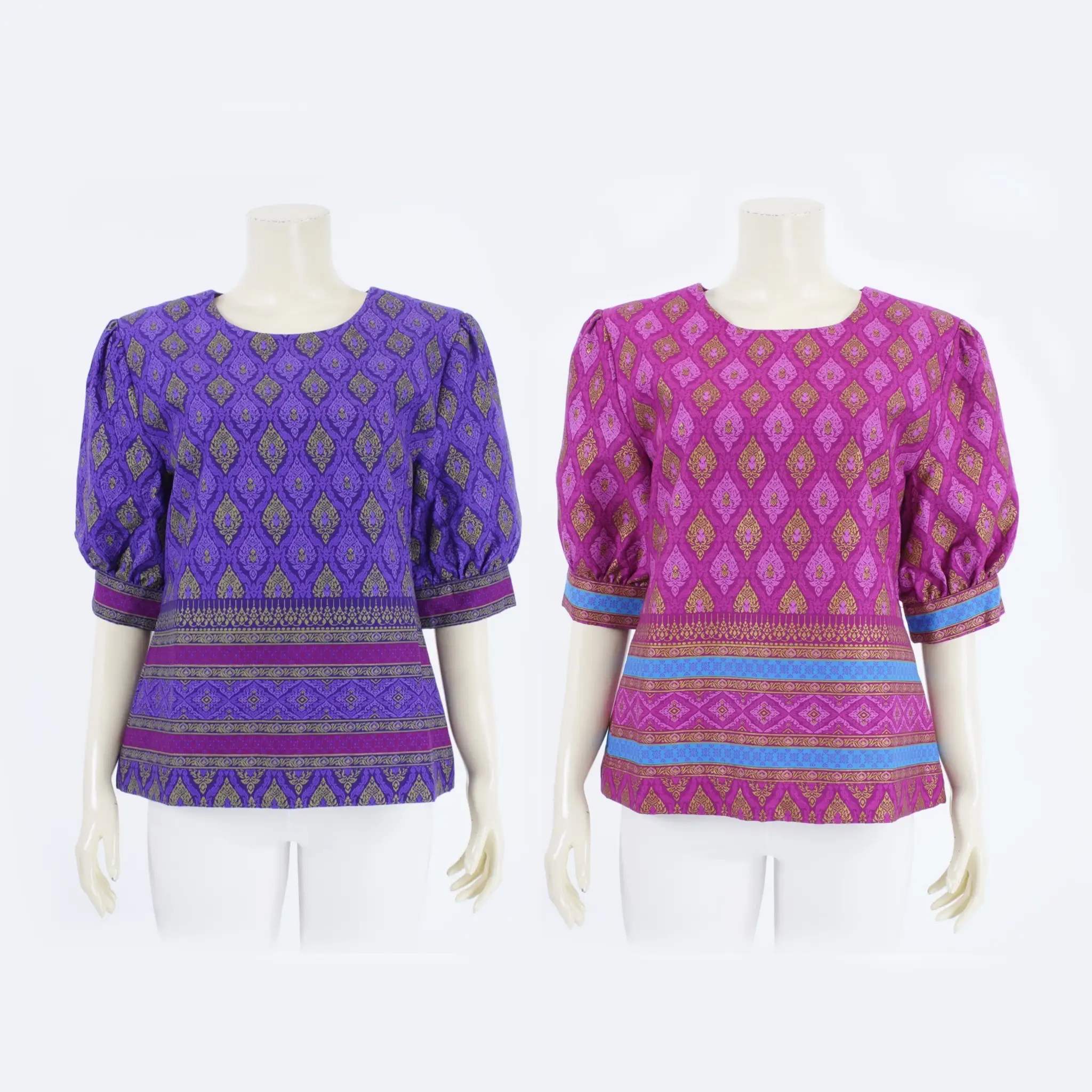 เสื้อคอกลม แขนสั้นทรงตุ๊กตา ผ้าปาเต๊ะลายไทย