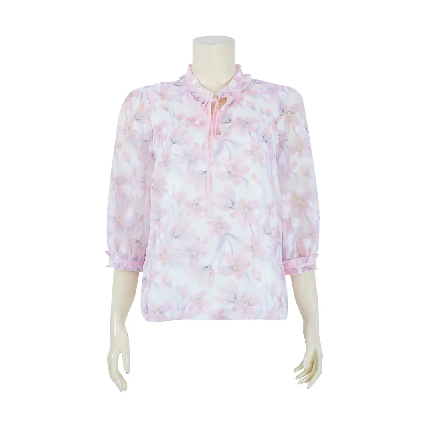 เสื้อคอตั้ง จับจีบทวิสต์ผูกโบว์ แขนพองยาว 4 ส่วน ผ้าเบิร์นเอ้าท์ลายดอกไม้