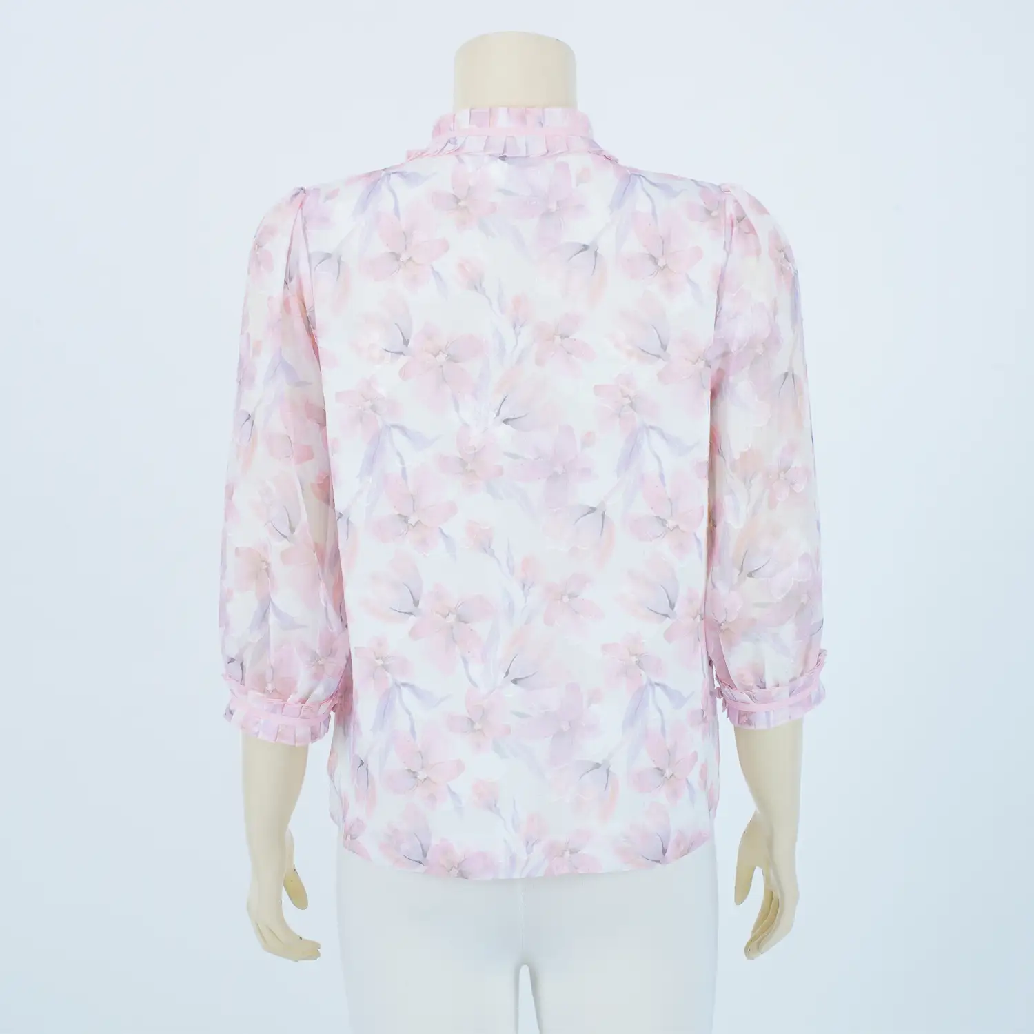 เสื้อคอตั้ง จับจีบทวิสต์ผูกโบว์ แขนพองยาว 4 ส่วน ผ้าเบิร์นเอ้าท์ลายดอกไม้ - Image 2