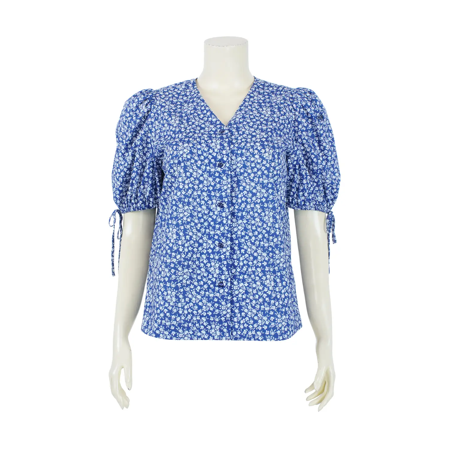 เสื้อคอวี แขนสั้น แขนพอง ผ้าลายดอกไม้