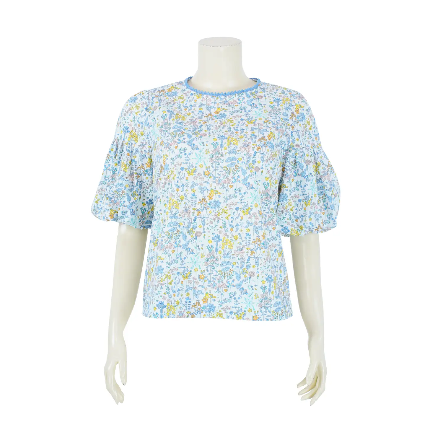 เสื้อคอกลม แขนกระบอกตัดต่อแขนบอลลูนผ้าลายทุ่งดอกไม้