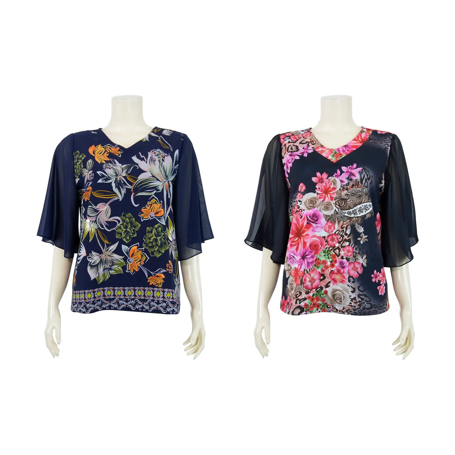 เสื้อคอวี แขนบาน 3 ส่วน ผ้าลายดอกไม้