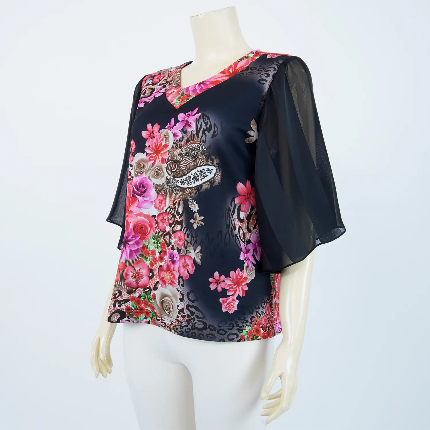 เสื้อคอวี แขนบาน 3 ส่วน ผ้าลายดอกไม้ - Image 4