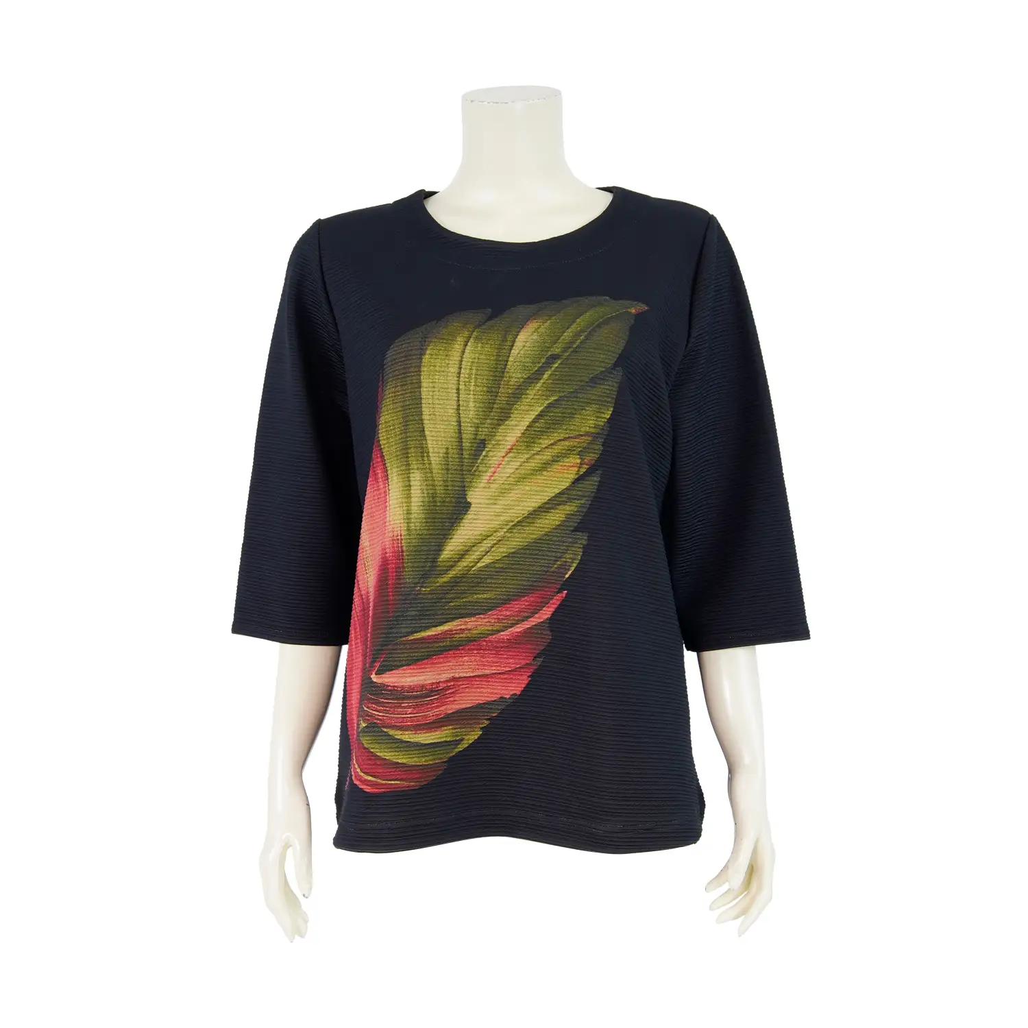 เสื้อคอกลม แขนกระบอก 4 ส่วน ผ้าลายใบไม้