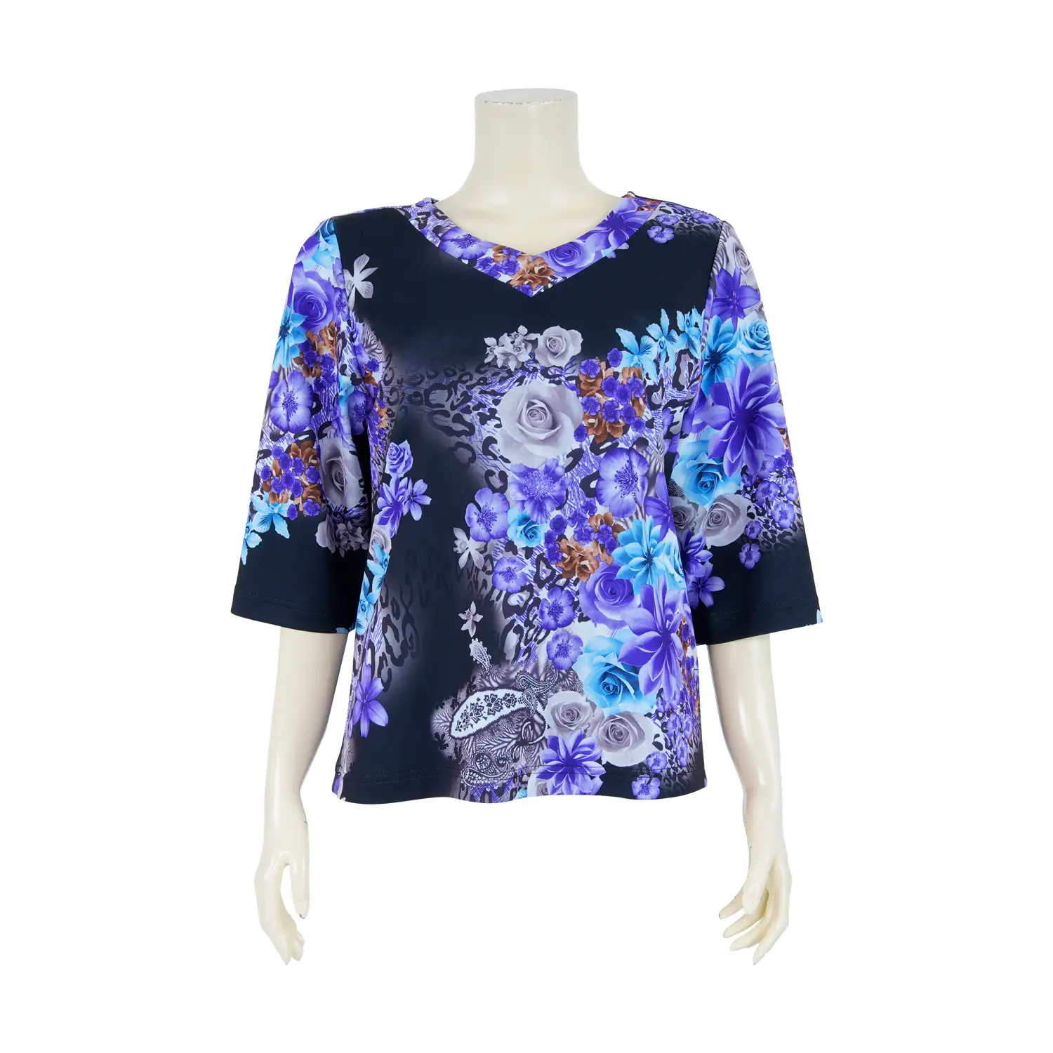 เสื้อคอวี แขนกระบอก 3 ส่วน ผ้าลายดอกไม้