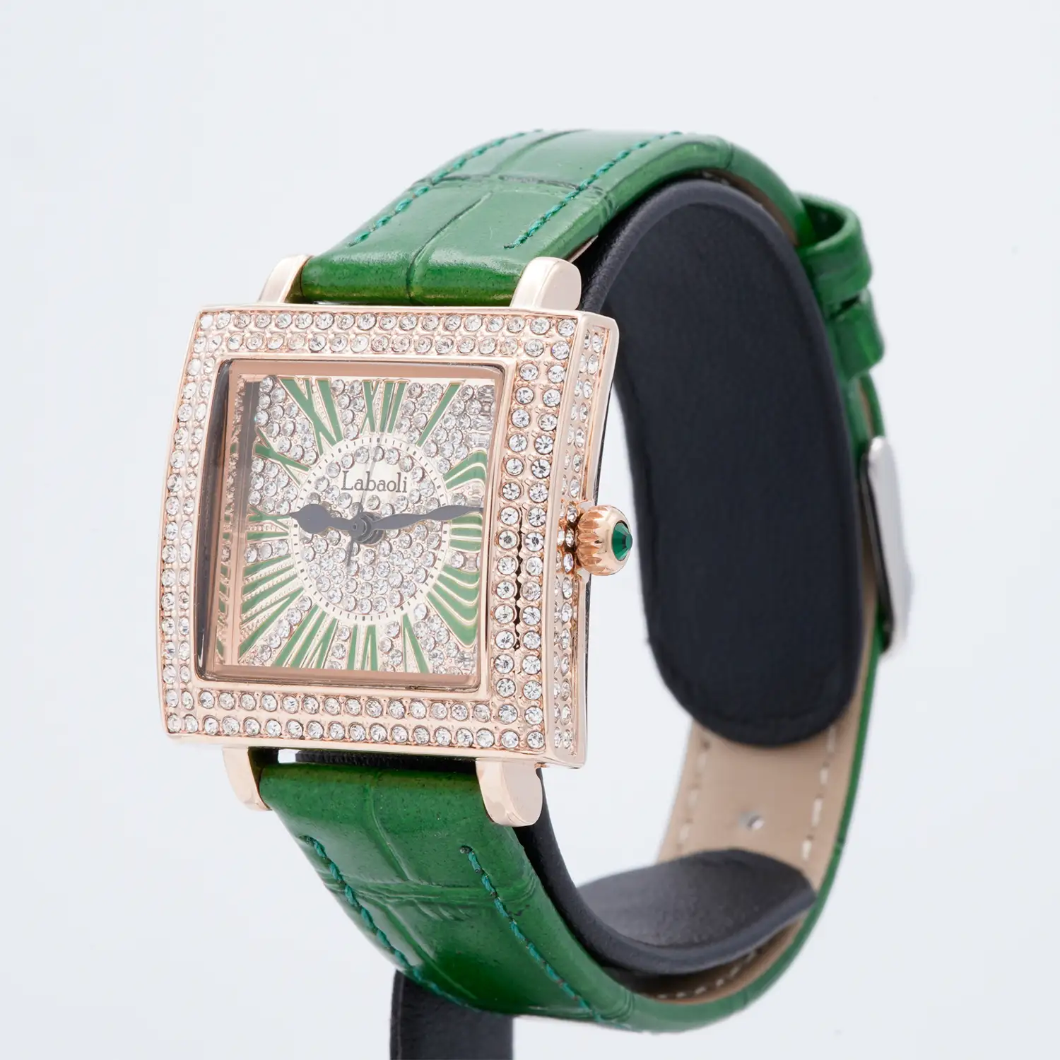 นาฬิกาข้อมือ LABAOLI สเตนเลส สตีล หน้าปัดทรงสี่เหลี่ยม ประดับเพชร CZ สายหนังวัว - Image 3