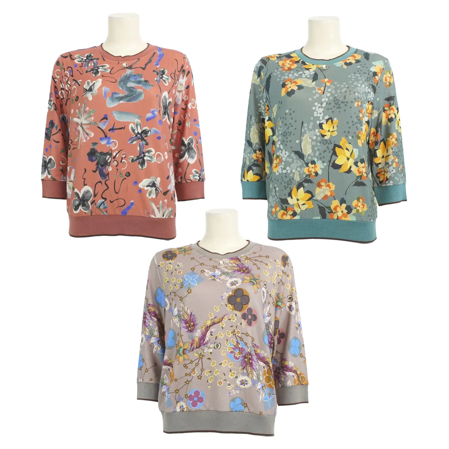 เสื้อคอกลม แขน 4 ส่วน ผ้ายืดลายดอกไม้