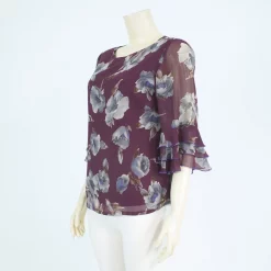 เสื้อคอปาด แขนกระบอกปลายแขนระบาย 3 ชั้น ผ้าลายดอกไม้ - Image 2