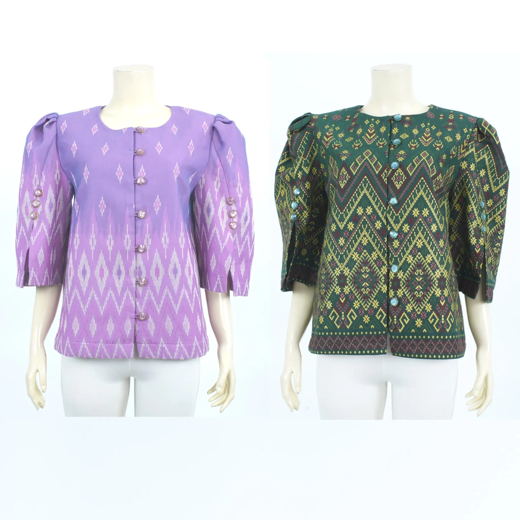 เสื้อคอกลม ผ่าหน้า แขนจับจีบพอง 3 ส่วน
