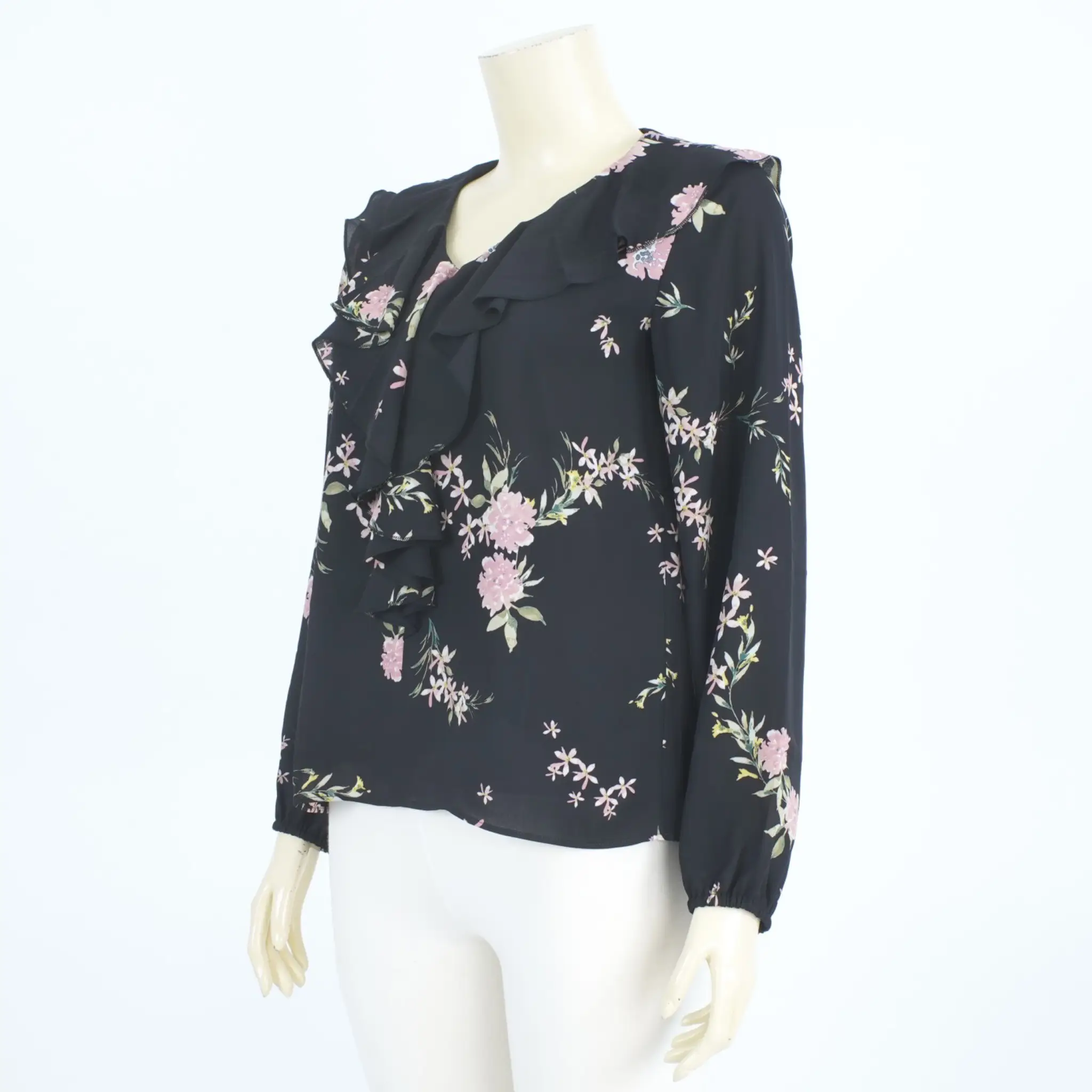 เสื้อคอวีแต่งระบาย แขนยาว ผ้าลายดอกไม้ - Image 3