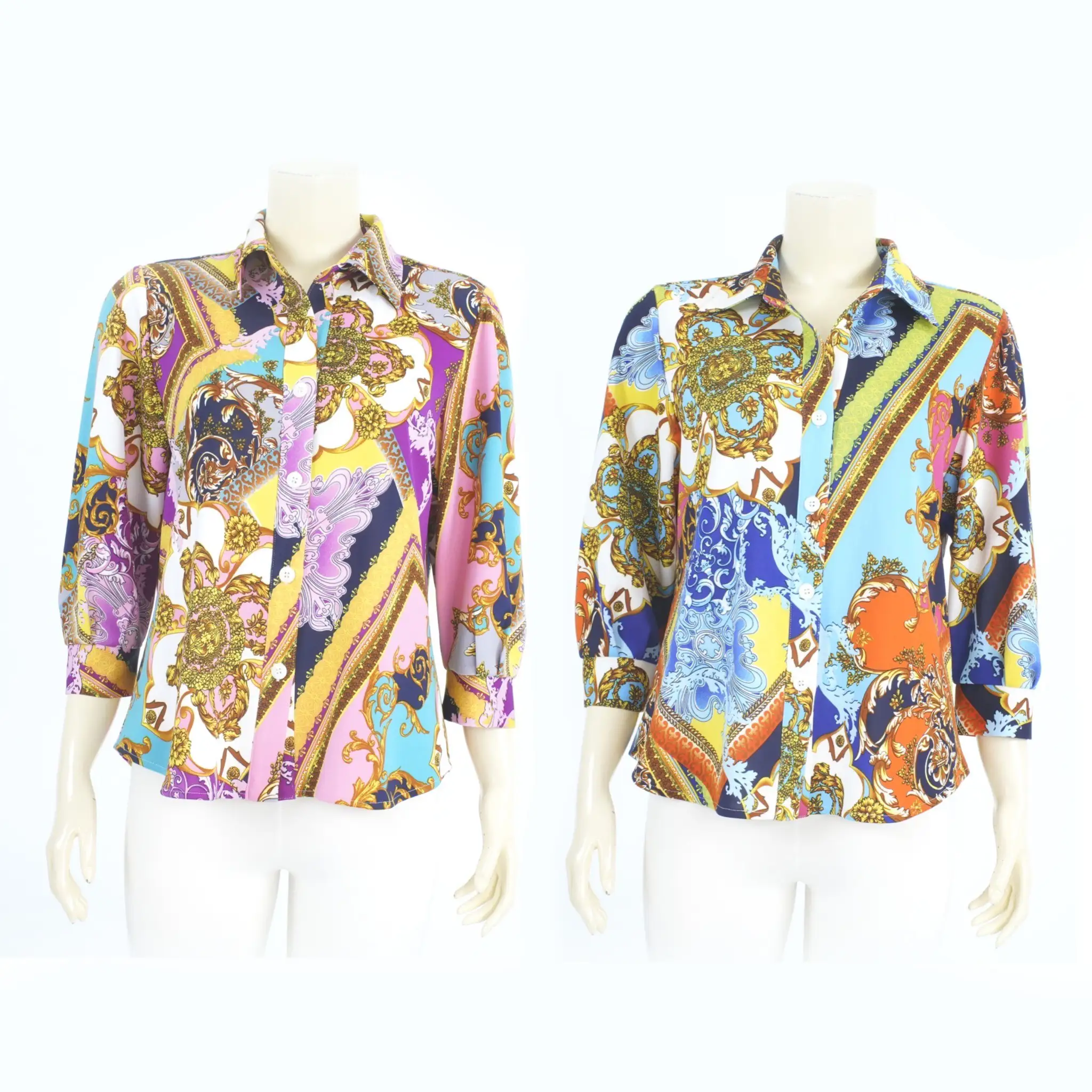 เสื้อเชิ้ตแขน 4 ส่วน เสริมขอบแขน ผ้าคูชั่นลายกราฟิก
