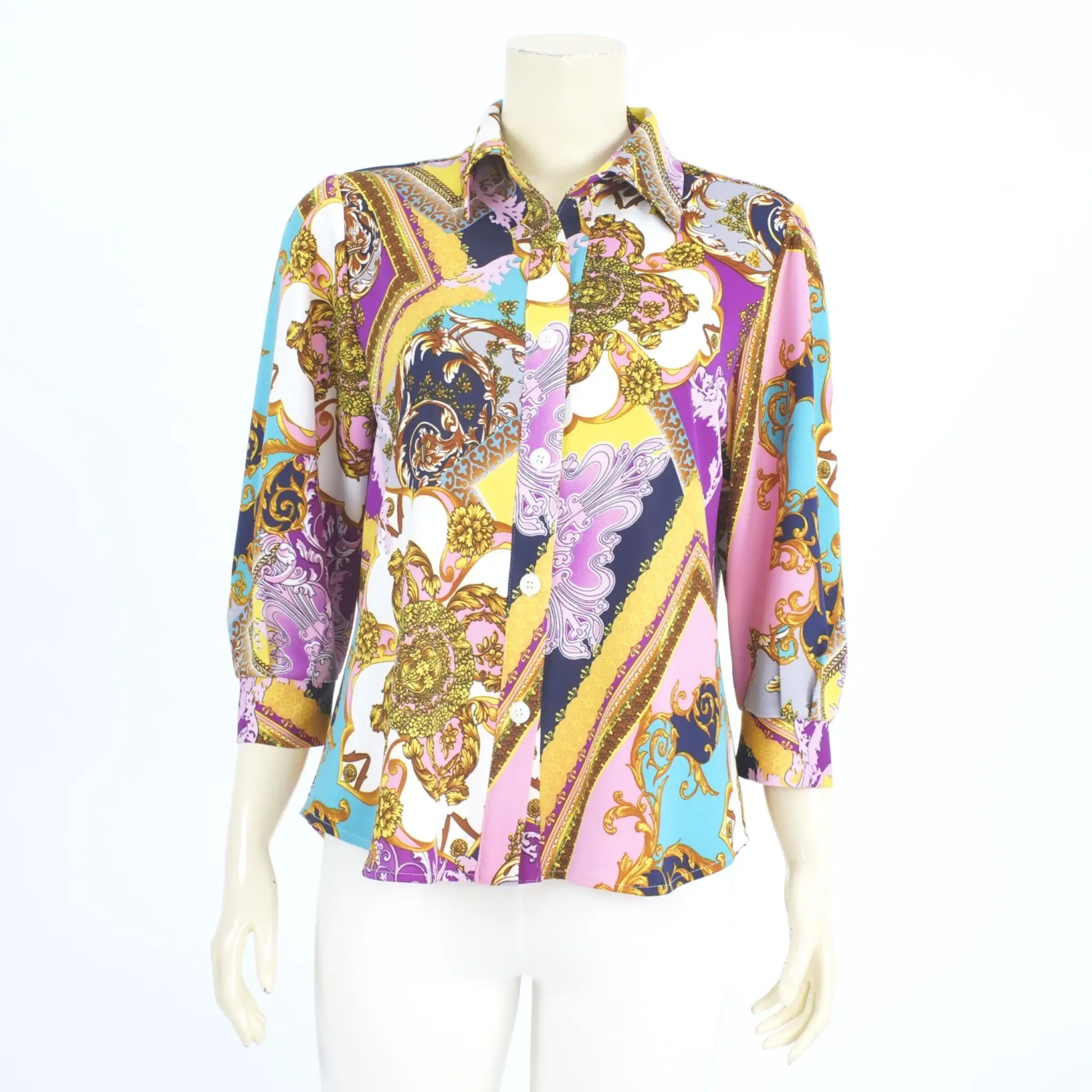 เสื้อเชิ้ตแขน 4 ส่วน เสริมขอบแขน ผ้าคูชั่นลายกราฟิก - Image 2