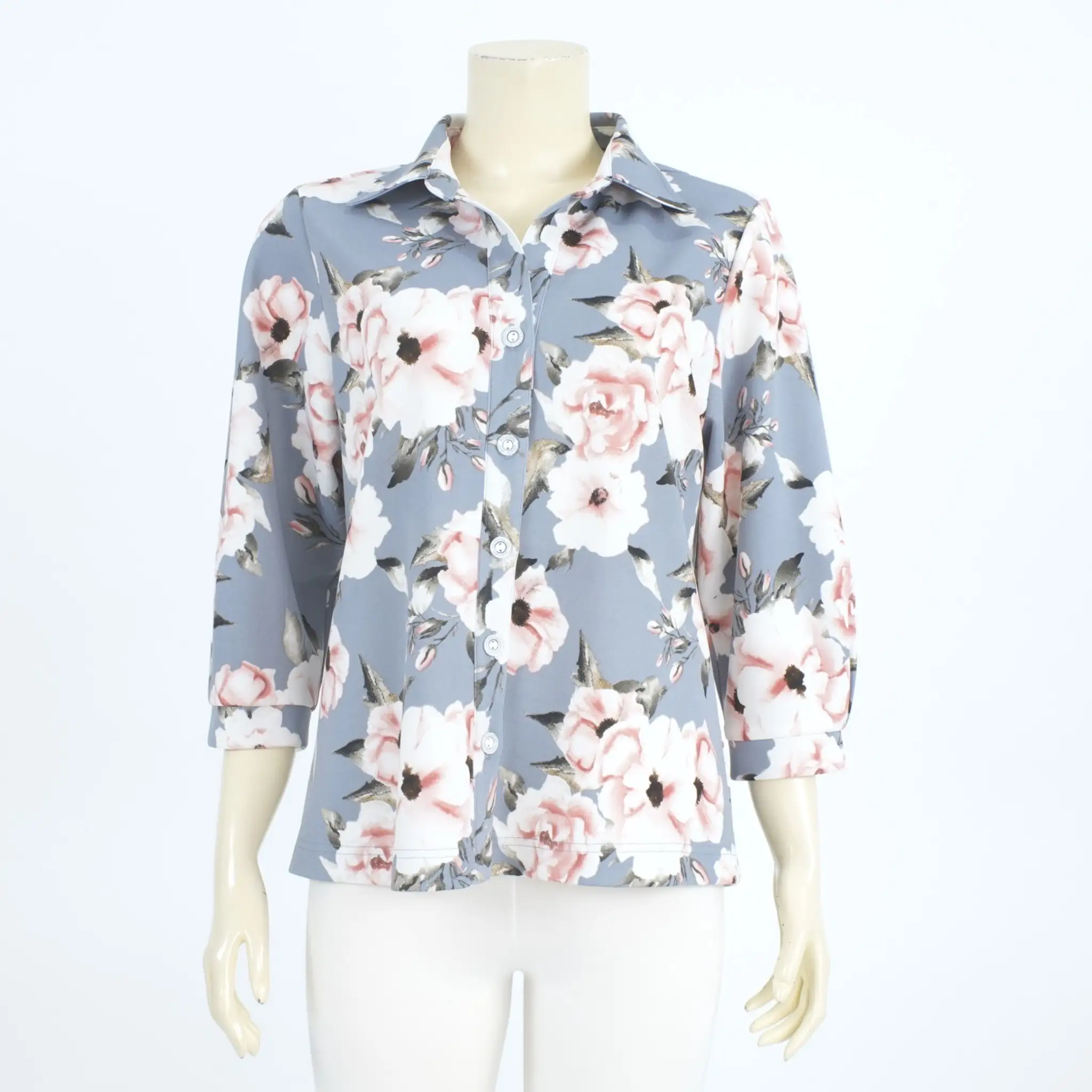 เสื้อเชิ้ต แขน 4 ส่วนลายดอกบานบุรีสีชมพู