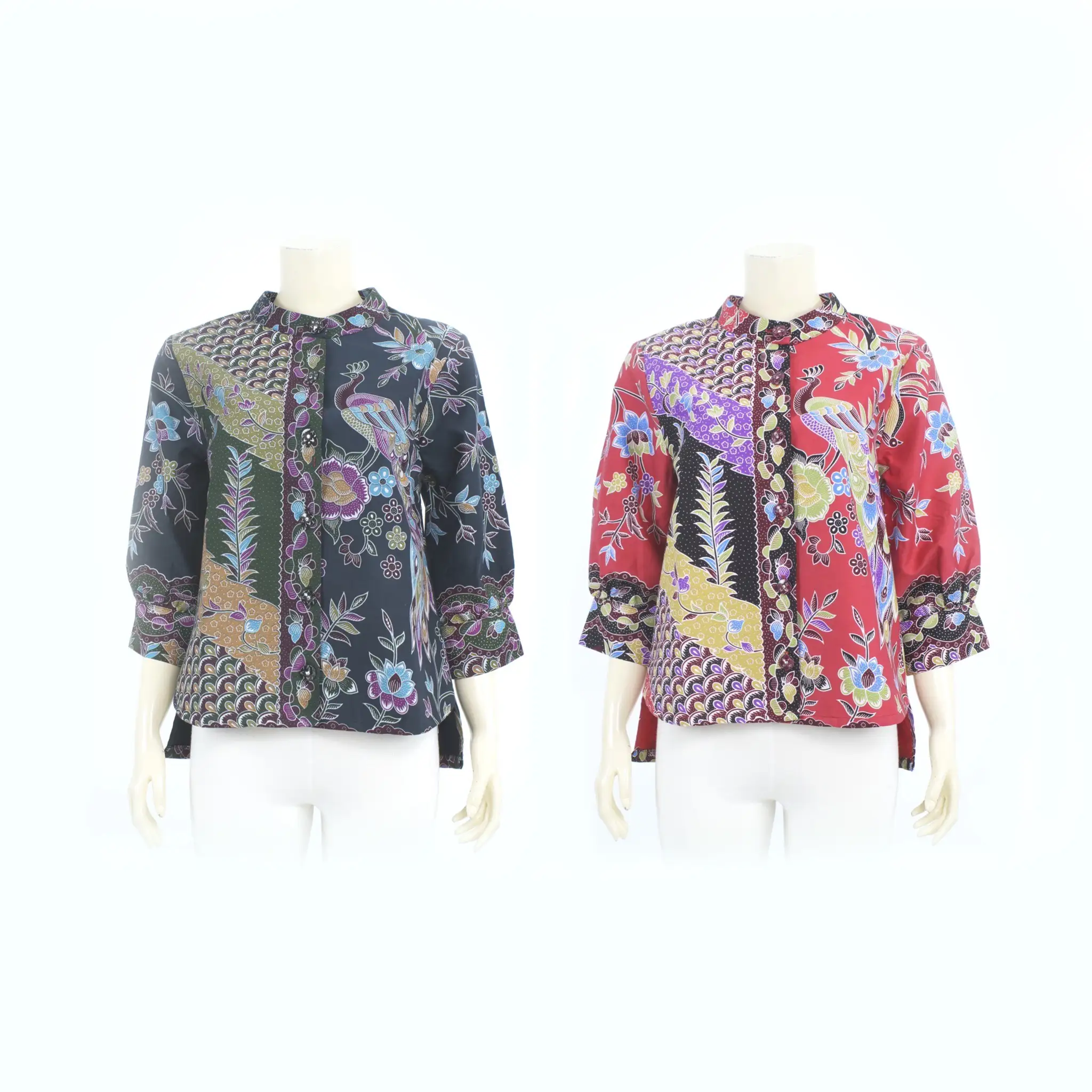 เสื้อคอจีน แขนกระบอก 4 ส่วน ผ้าปาเต๊ะลายนกยูง และดอกไม้