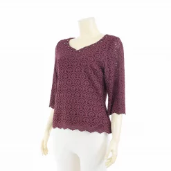 เสื้อคอวีรูปหัวใจแขน 3 ส่วนผ้าลูกไม้ฮันน่า สีแดงเบอร์กันดี - Image 2