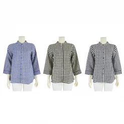 เสื้อคอจีน แขน 5 ส่วน ผ้าลินิน ลายตาราง