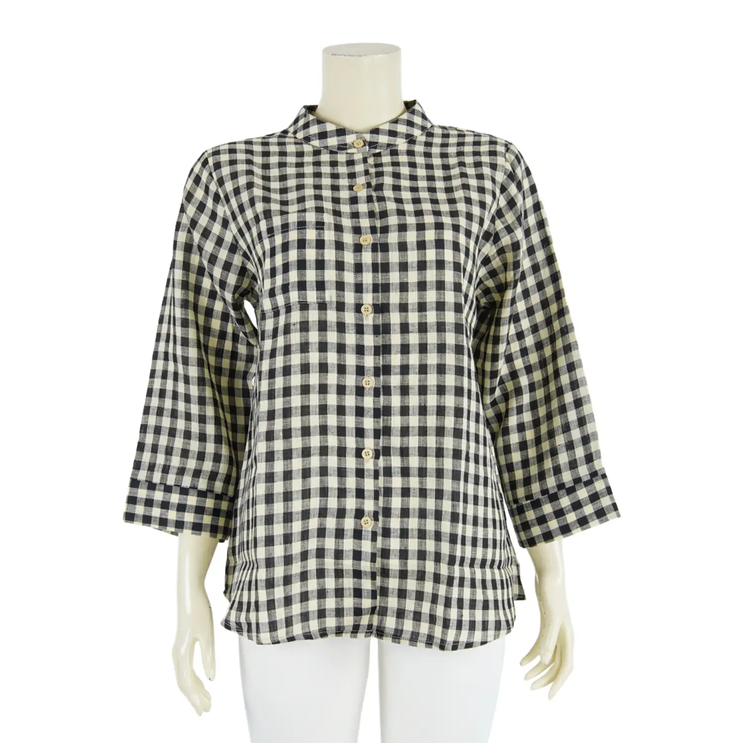 เสื้อคอจีน แขน 5 ส่วน ผ้าลินิน ลายตาราง - Image 2